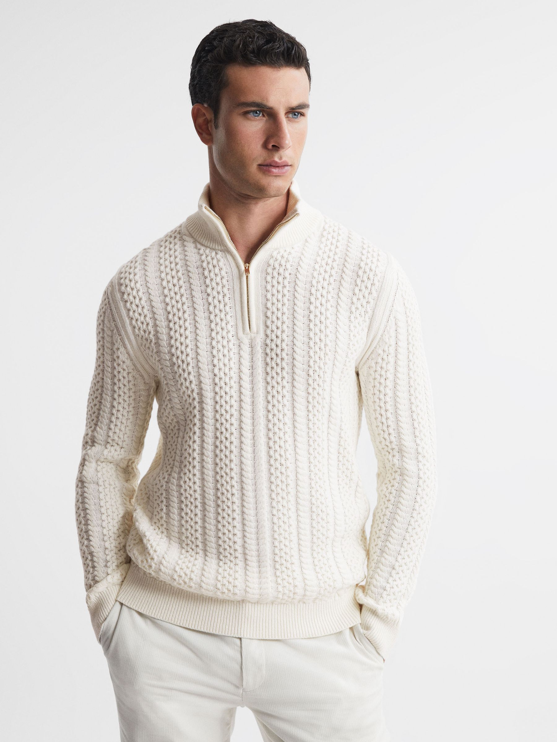 Cable Knit Half-Zip Funnel Neck Jumper in Ecru - Image 1 of 4