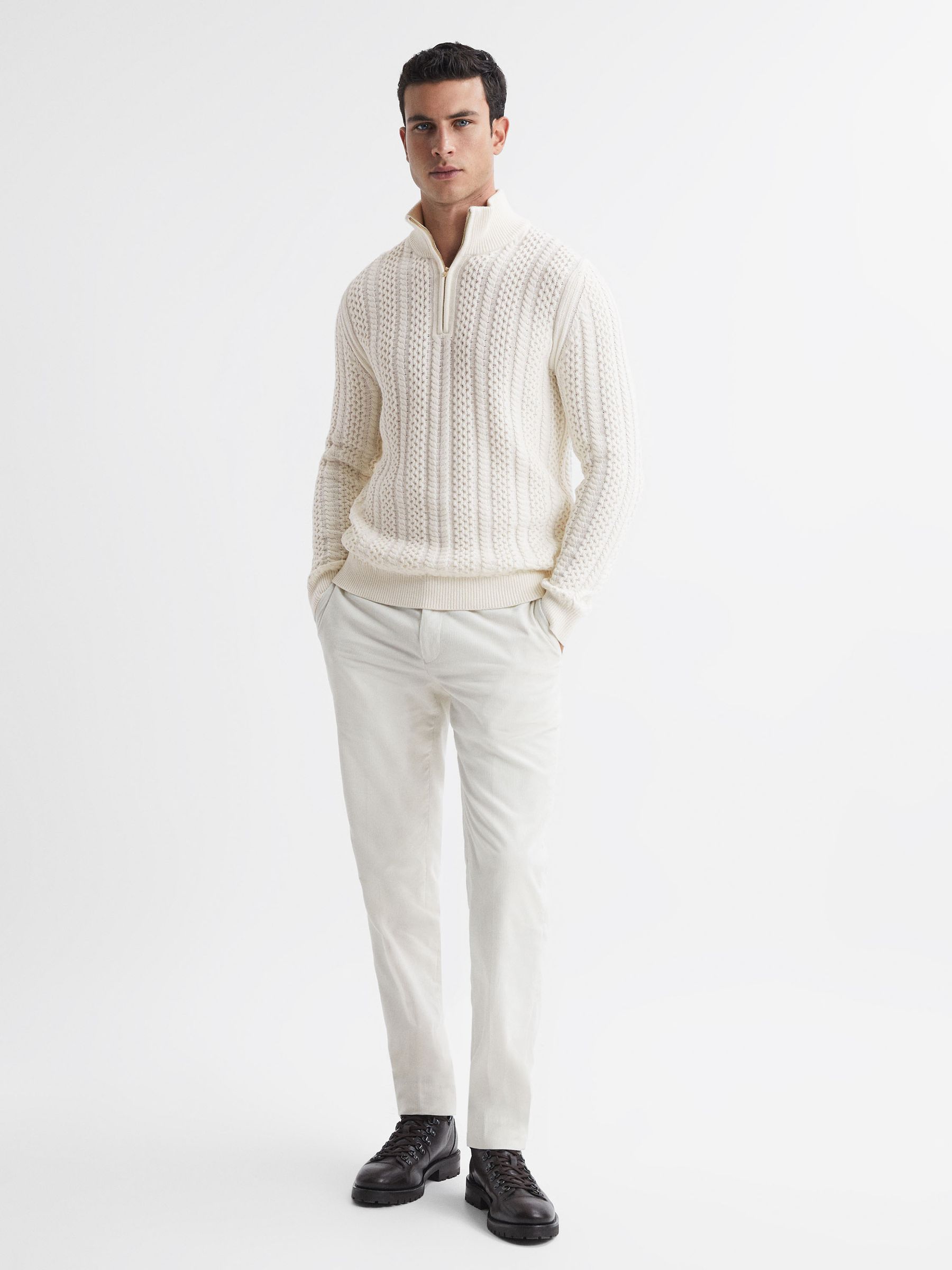 Cable Knit Half-Zip Funnel Neck Jumper in Ecru - Image 3 of 4