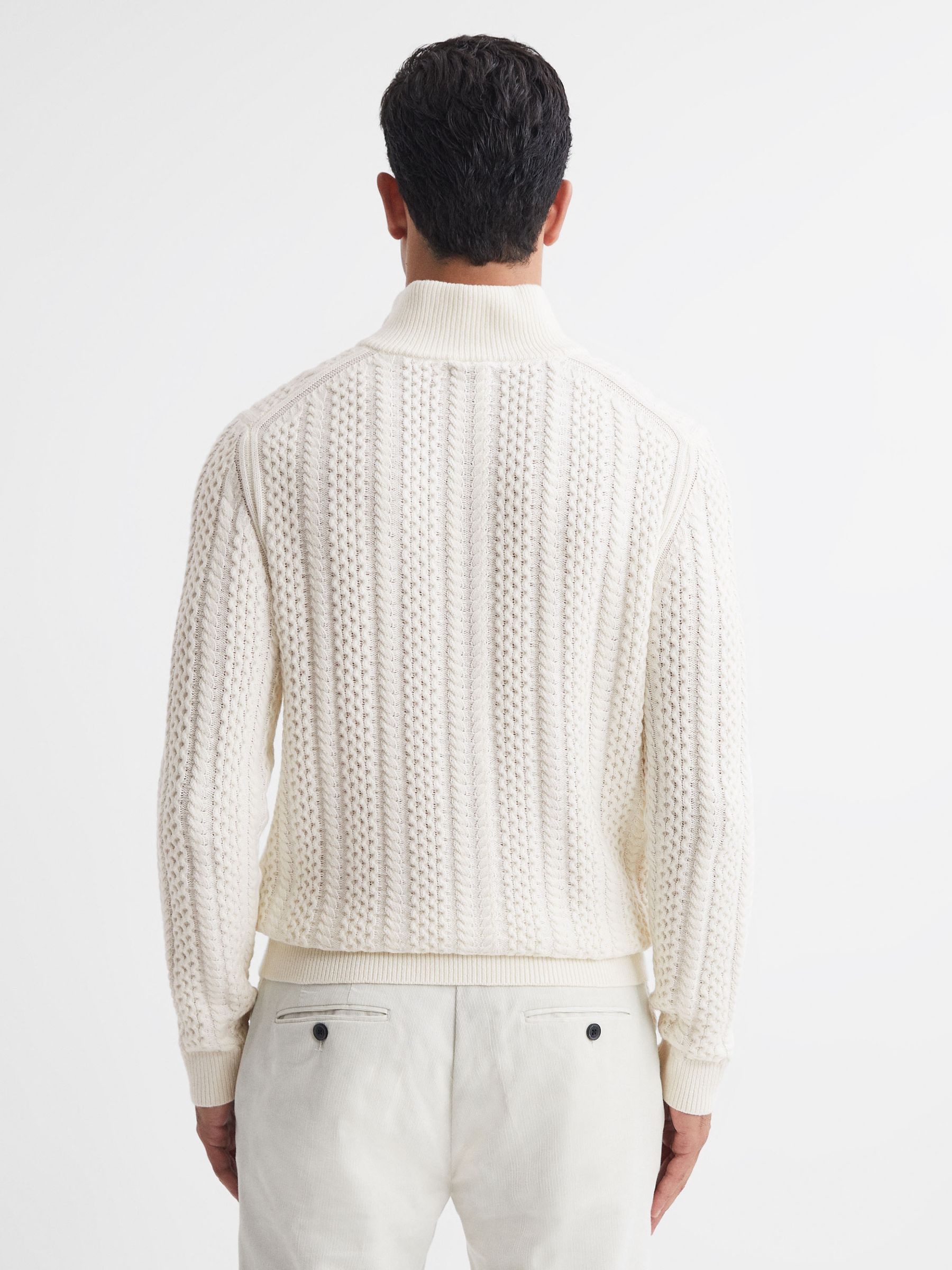 Reiss Cable Knit Half-Zip Funnel Neck Jumper in Ecru | REISS Reiss Cable Knit Half-Zip Funnel Neck Jumper in Ecru | REISS