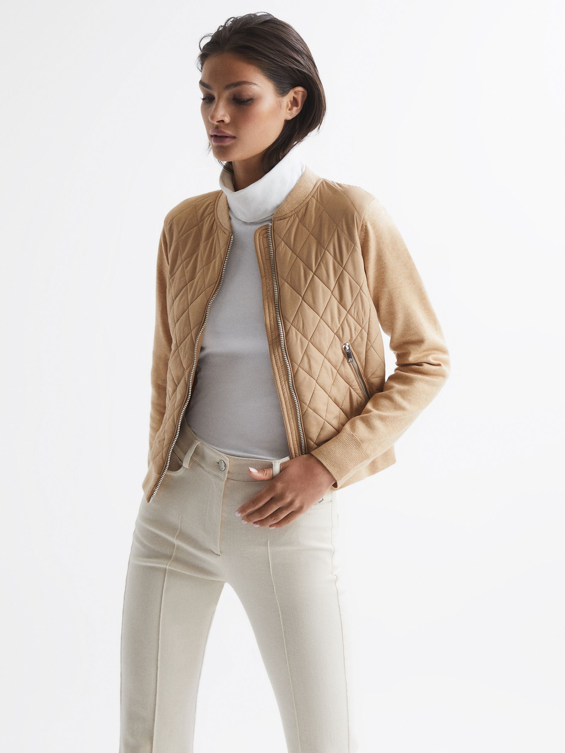 Hybrid Zip Through Quilted Jumper in Camel - Image 1 of 1