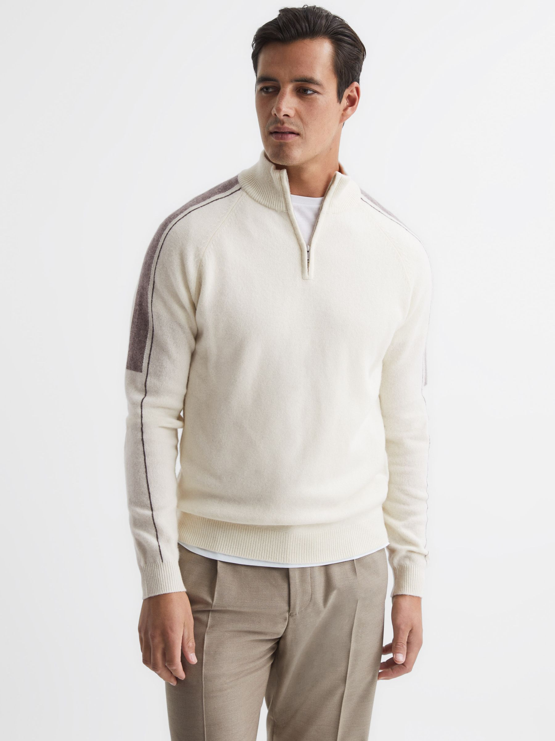 Half Zip Colourblock Wool Jumper in Ivory - Image 1 of 6