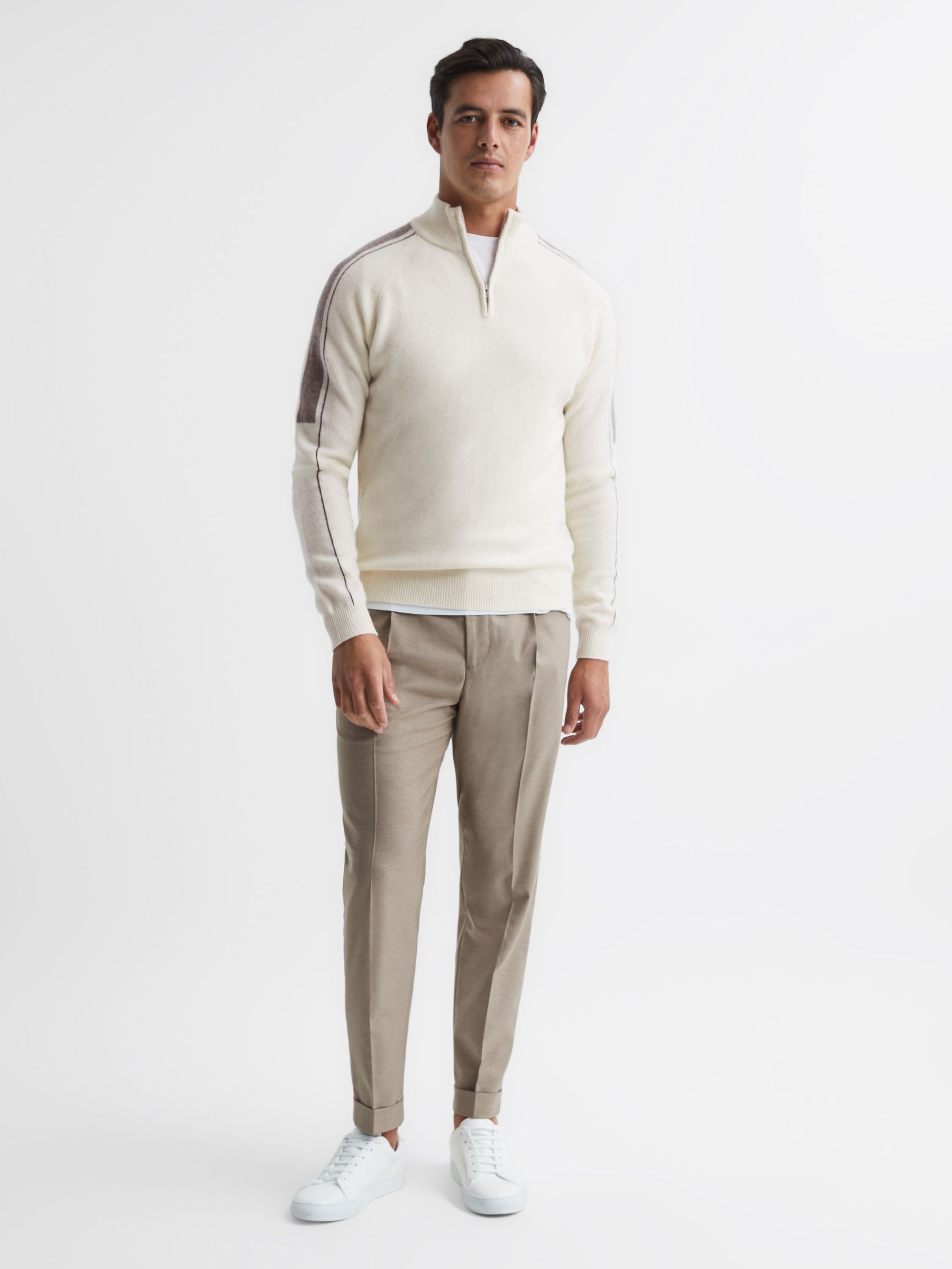 Half Zip Colourblock Wool Jumper in Ivory - Image 3 of 6