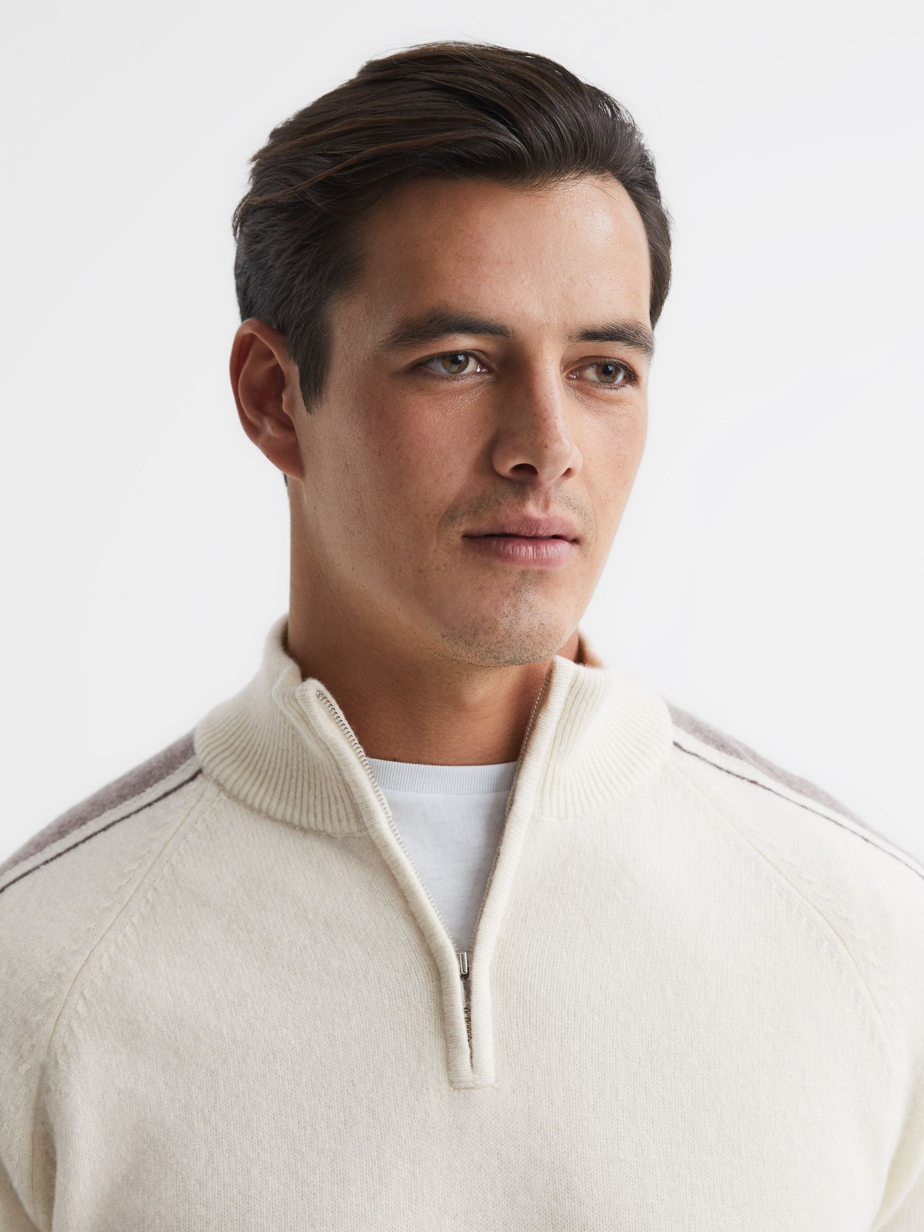 Half Zip Colourblock Wool Jumper in Ivory - Image 4 of 6
