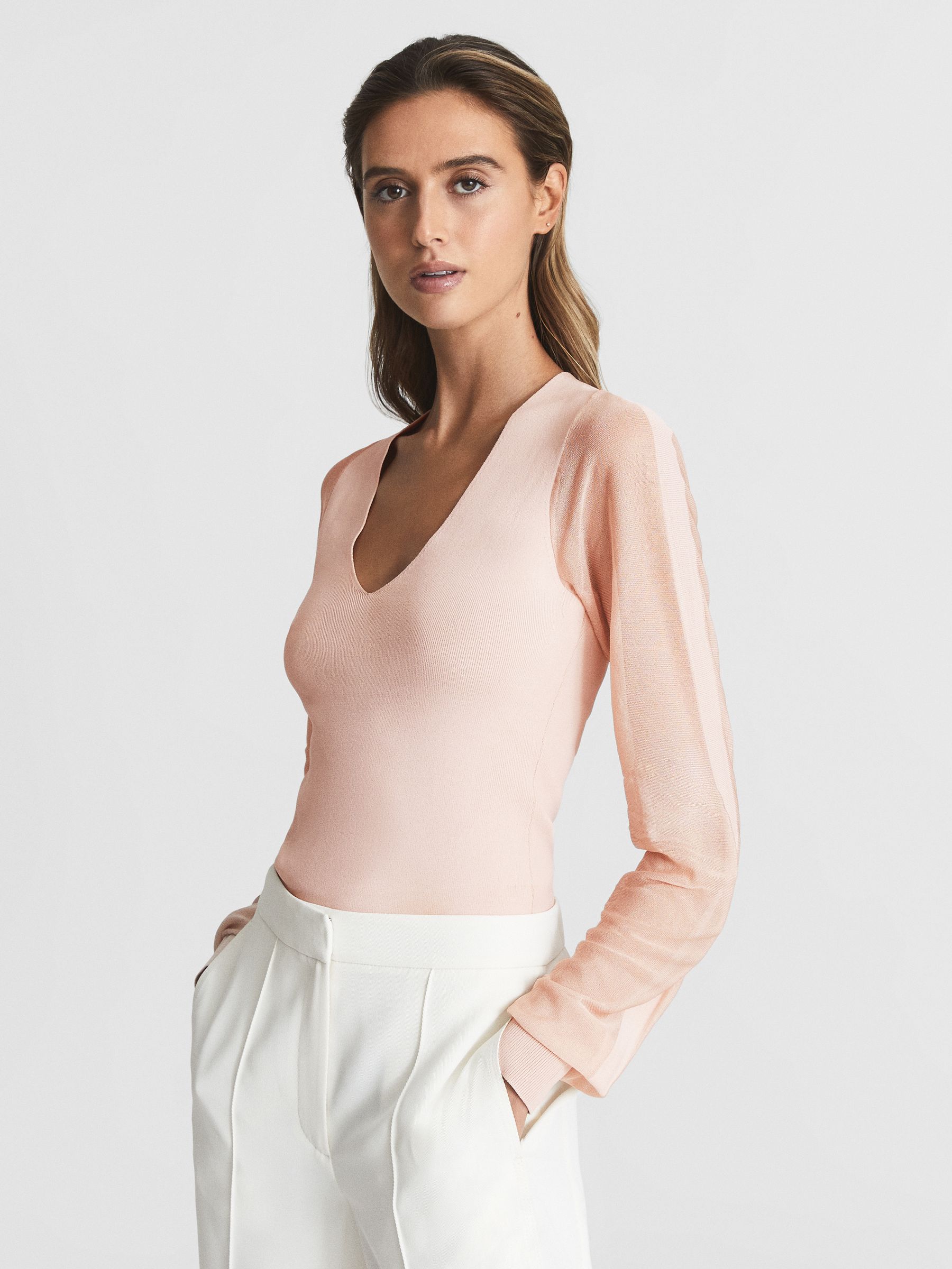 Sheer Sleeve Knitted Top in Pink - Image 4 of 6