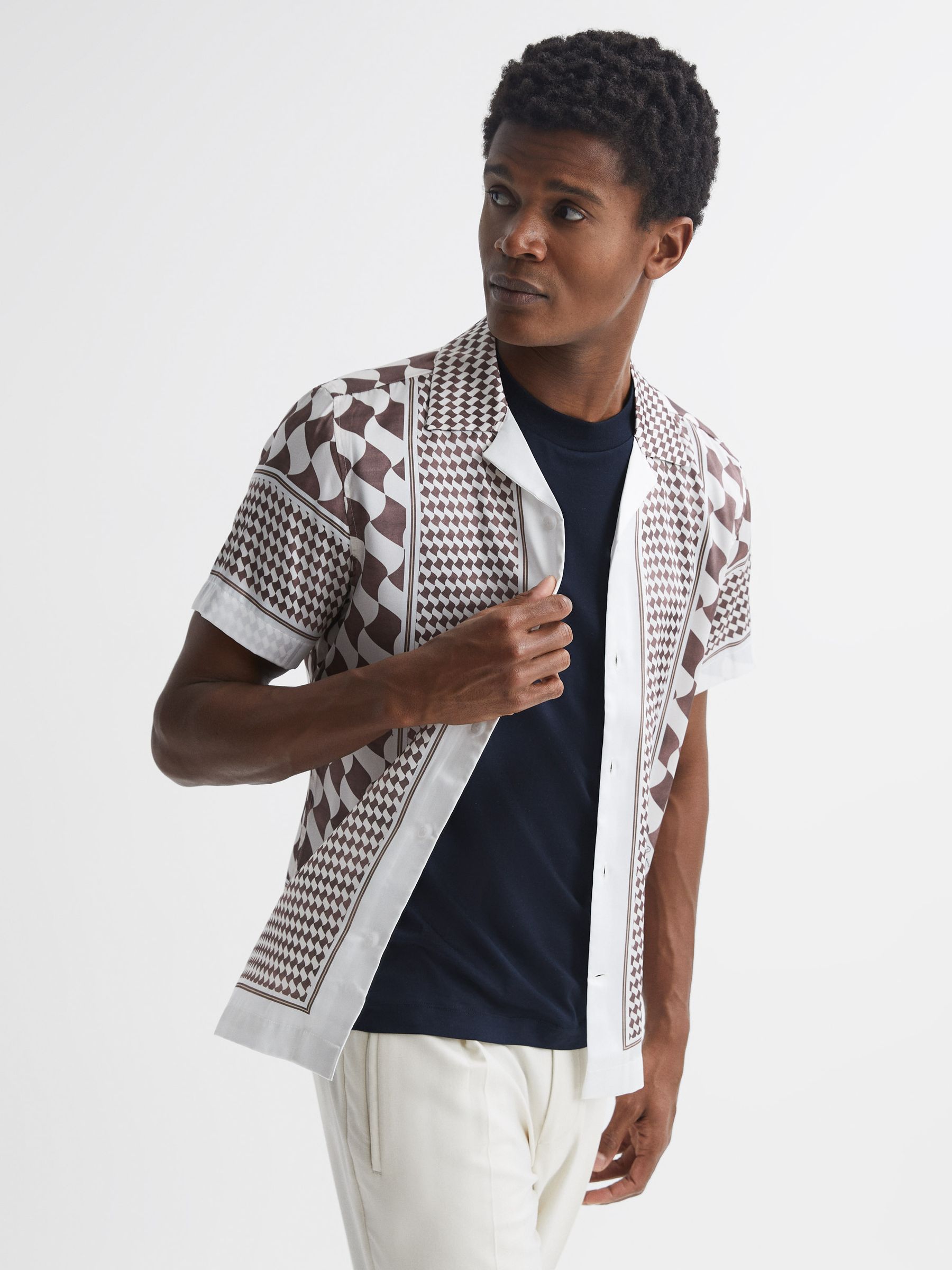 Slim Fit Cuban Collar Short Sleeve Shirt in Rust/Ecru - Image 1 of 5