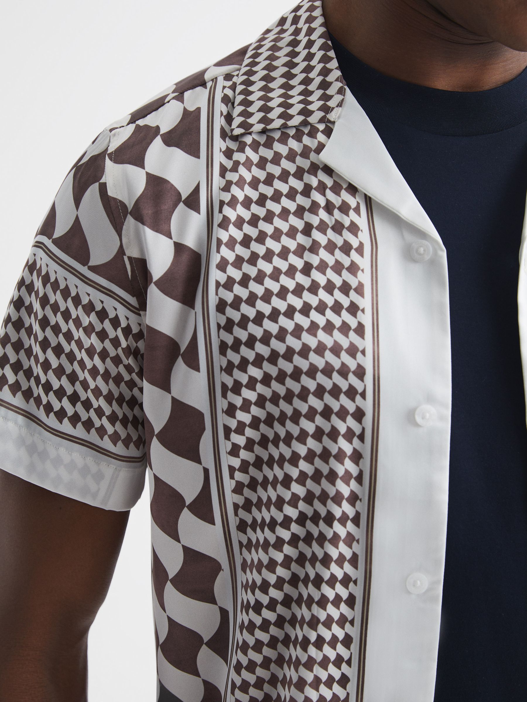 Slim Fit Cuban Collar Short Sleeve Shirt in Rust/Ecru - Image 3 of 5