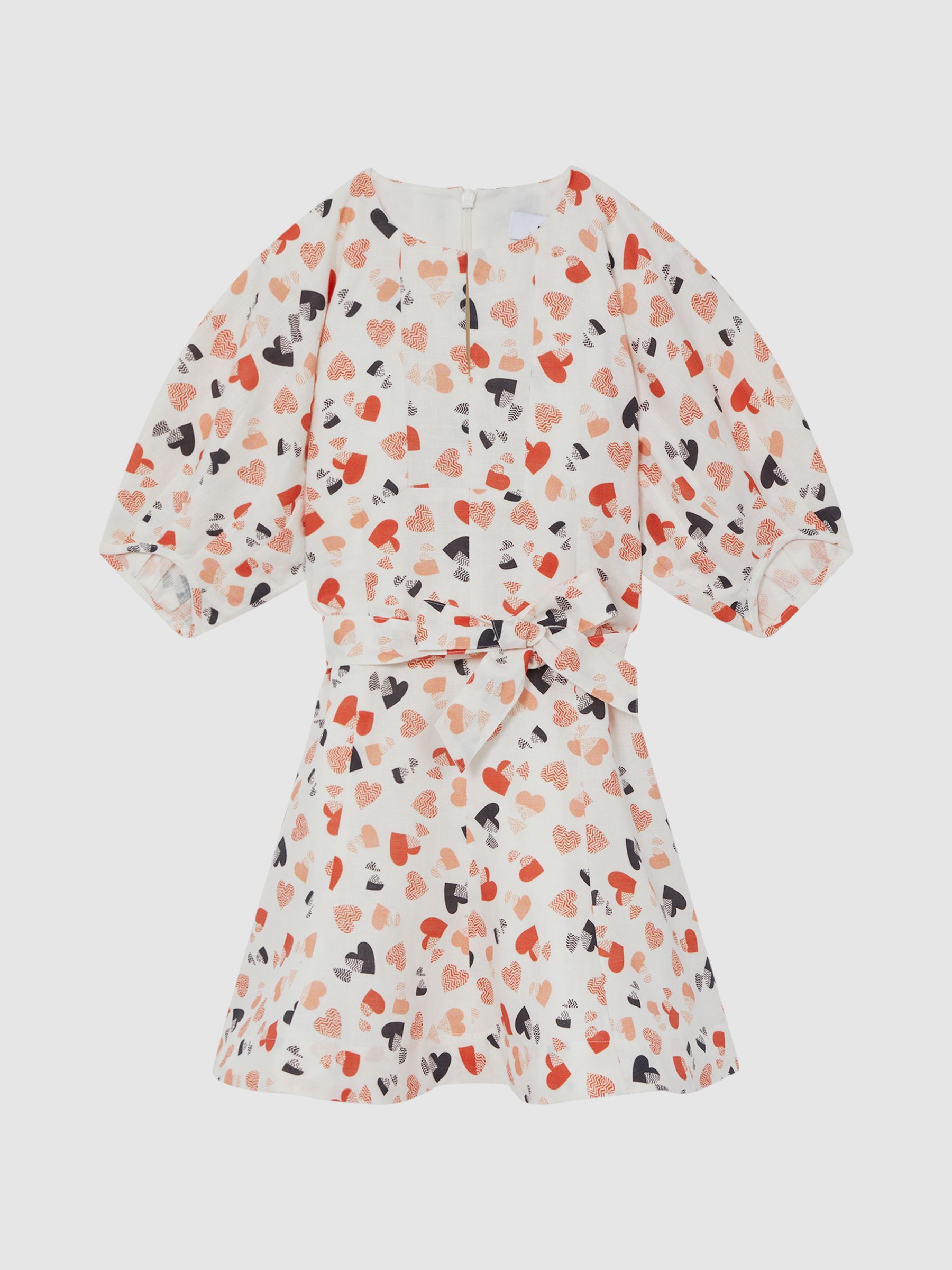 9-12 yrs Heart Print Linen Mini Dress in Ivory Print - Image 2 of 6