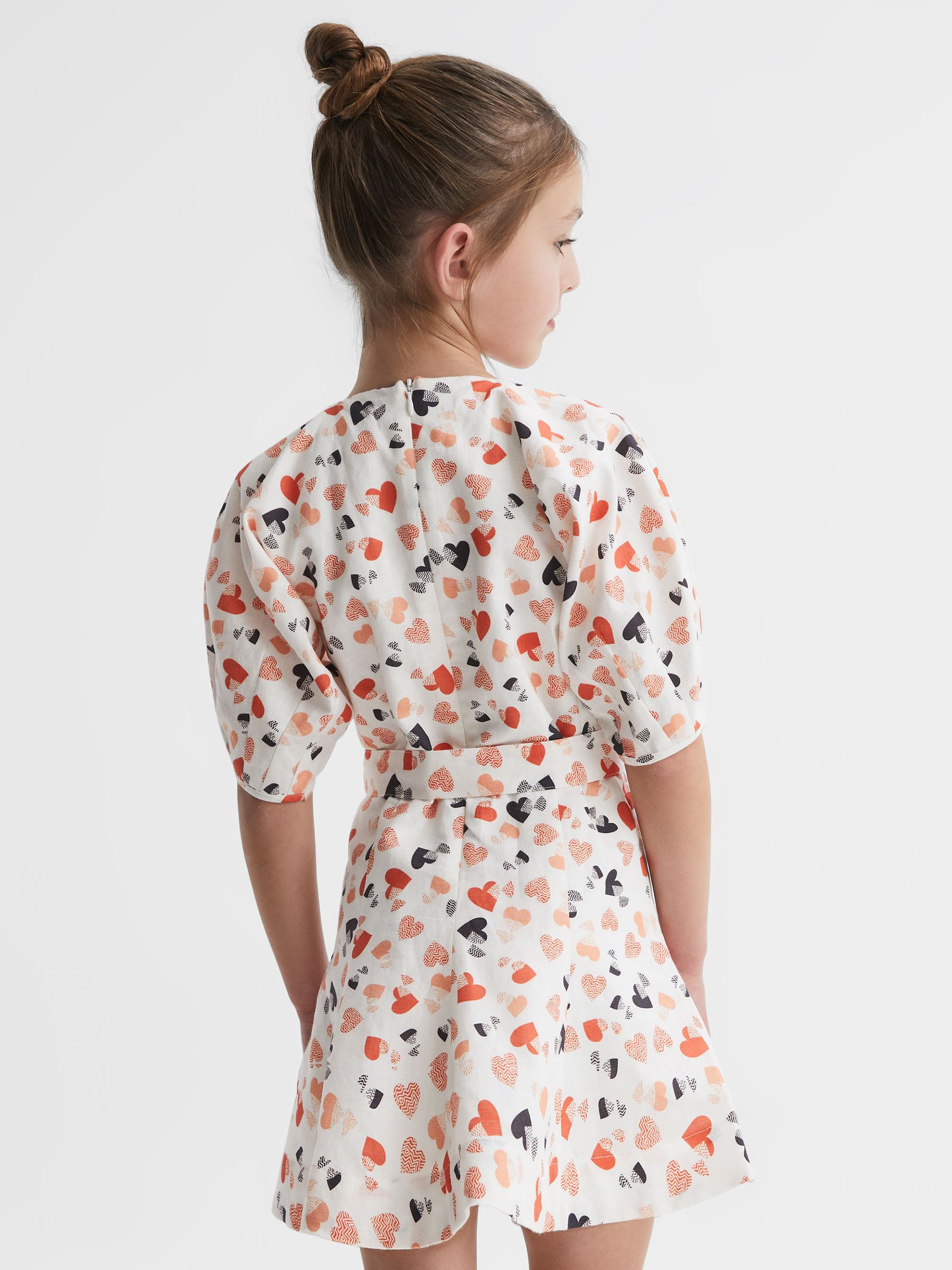 9-12 yrs Heart Print Linen Mini Dress in Ivory Print - Image 4 of 6