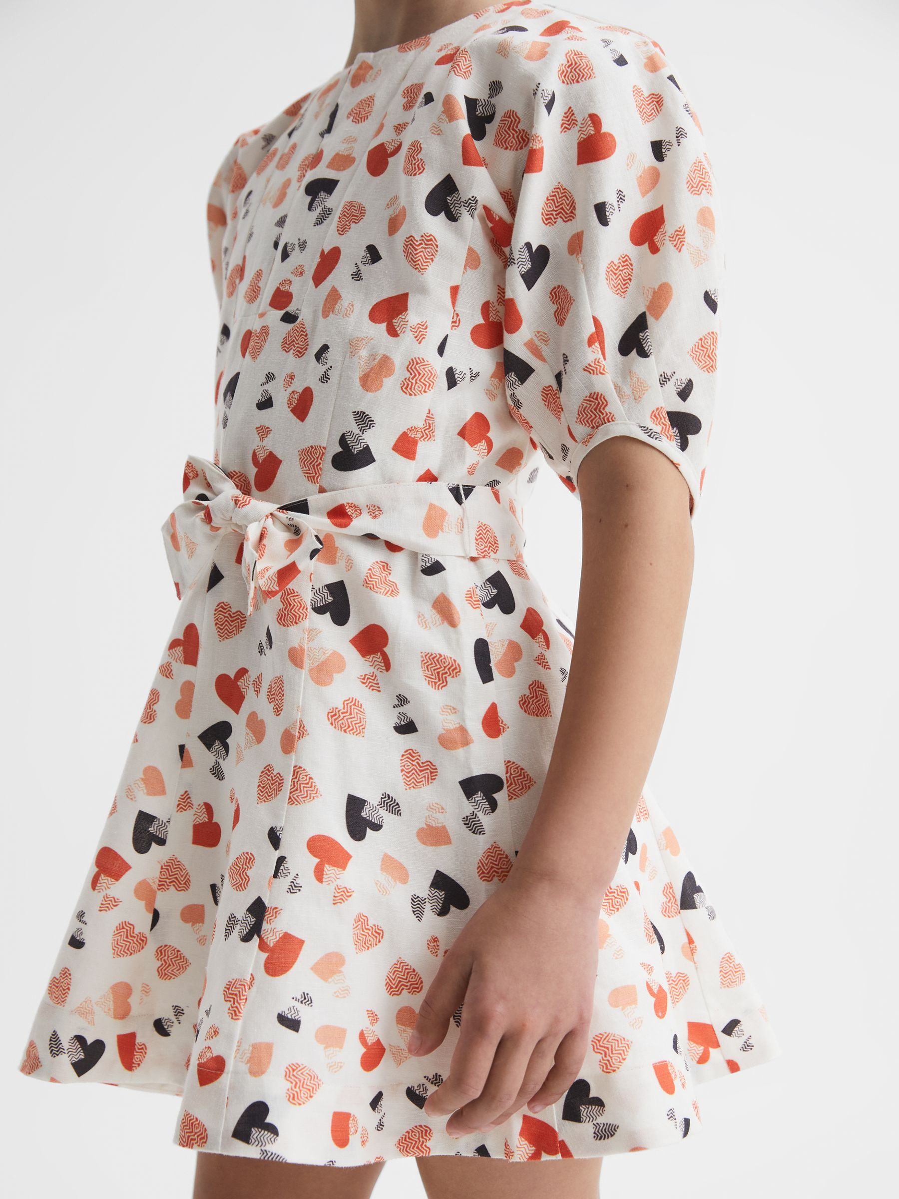 9-12 yrs Heart Print Linen Mini Dress in Ivory Print - Image 5 of 6