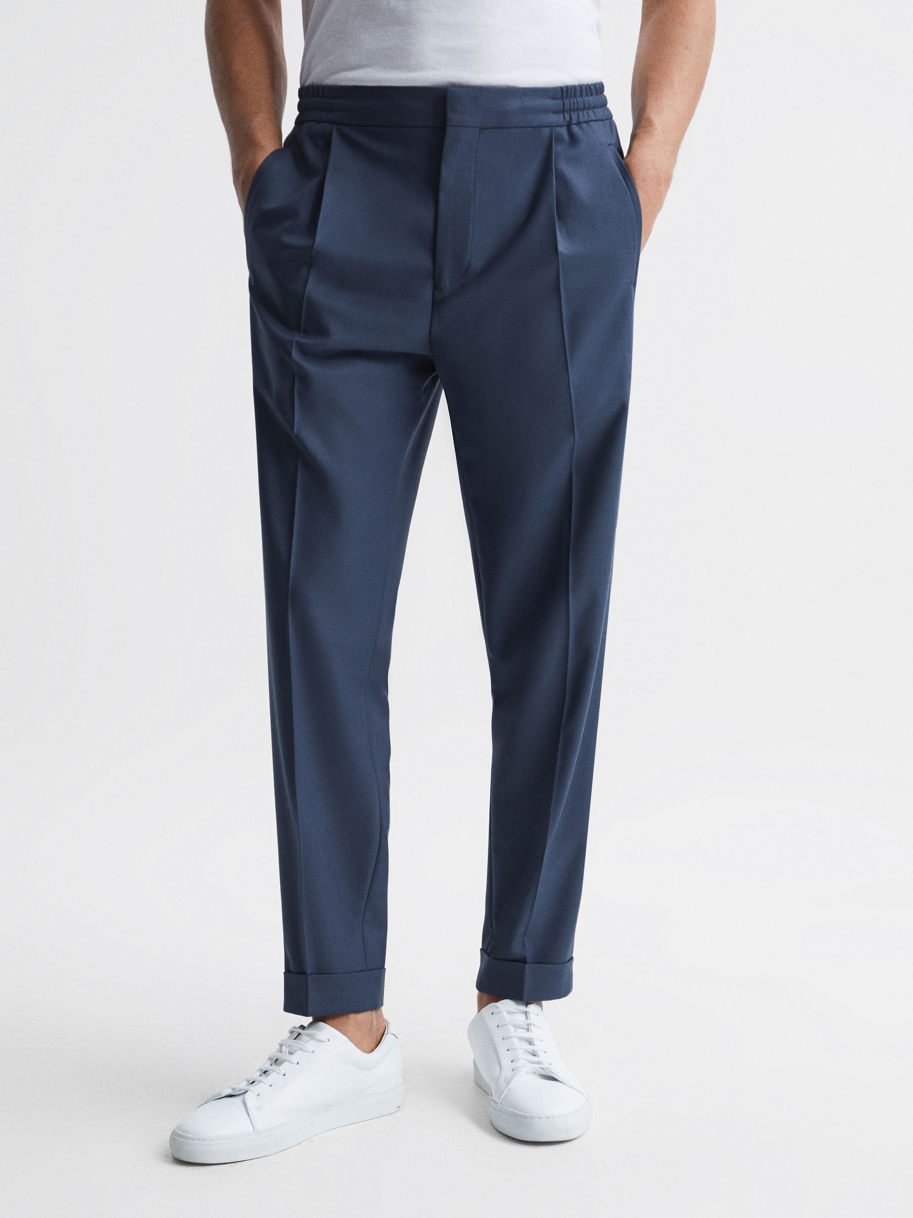 Relaxed Drawstring Trousers with Turn-Ups in Steel Blue - Image 1 of 6