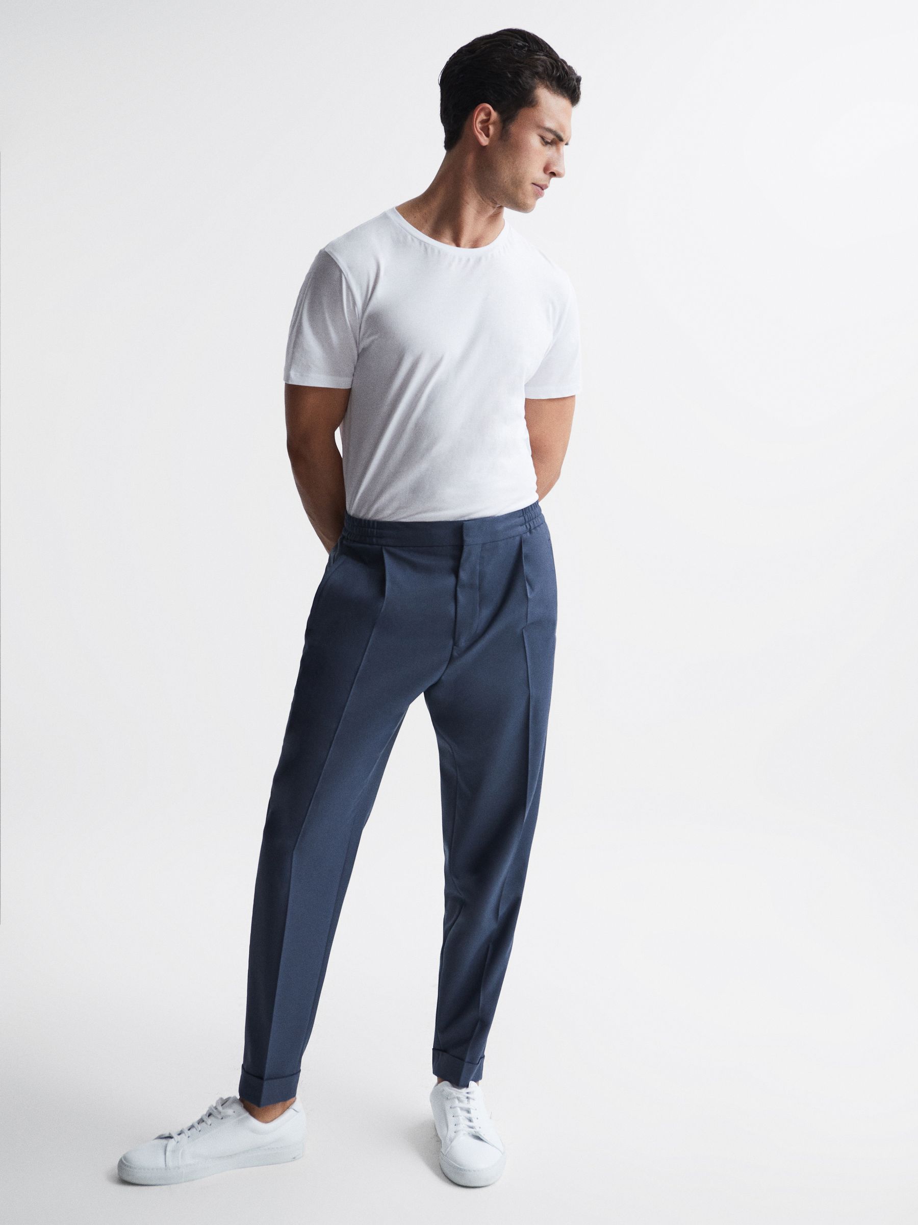 Relaxed Drawstring Trousers with Turn-Ups in Steel Blue - Image 3 of 6