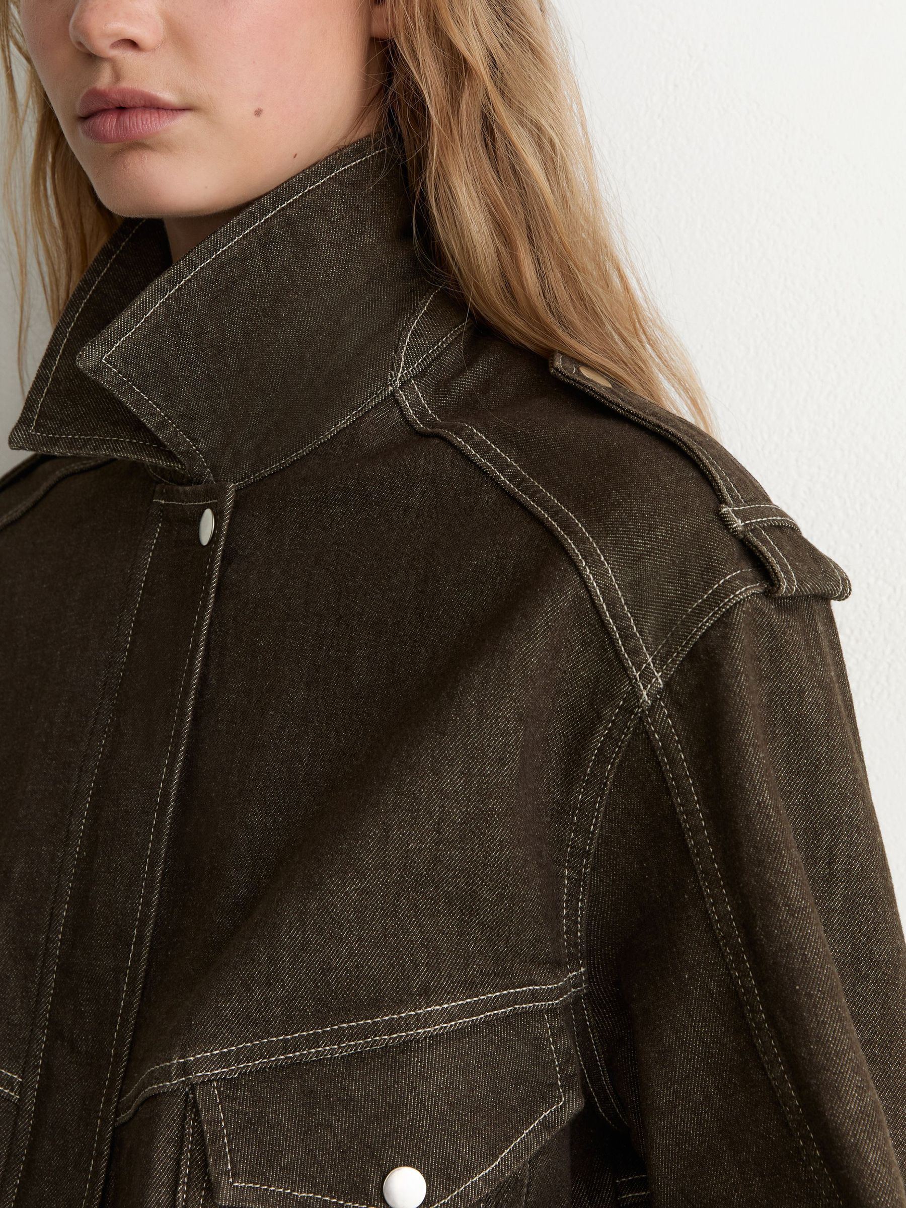 Relaxed Denim Bomber Jacket in Brown - Image 3 of 6