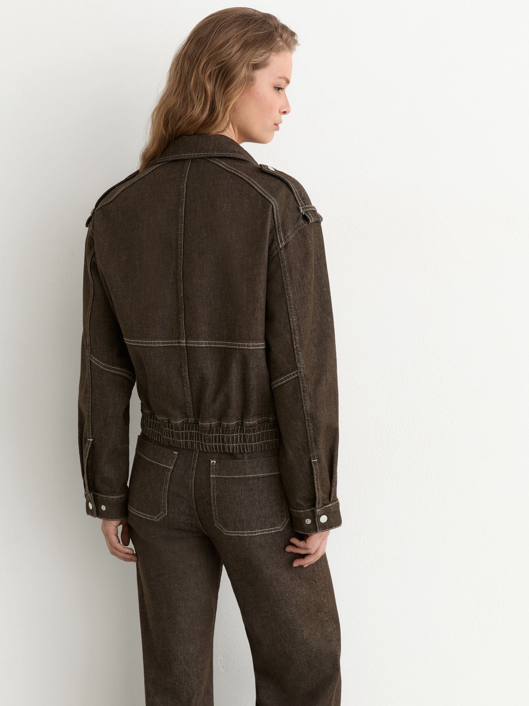 Relaxed Denim Bomber Jacket in Brown - Image 4 of 6