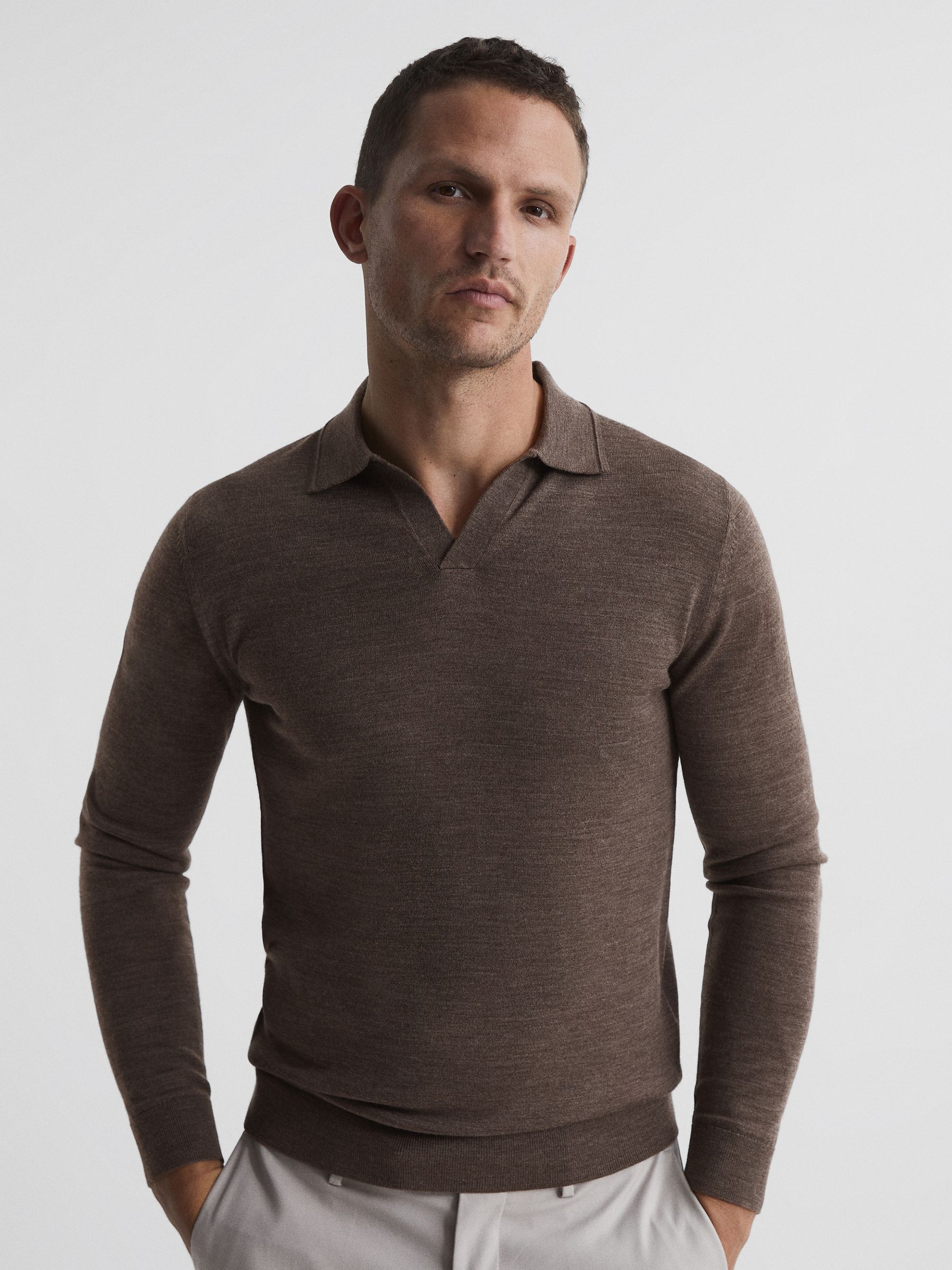 Merino Wool Open Collar Polo Shirt in Mouse Melange - Image 1 of 6
