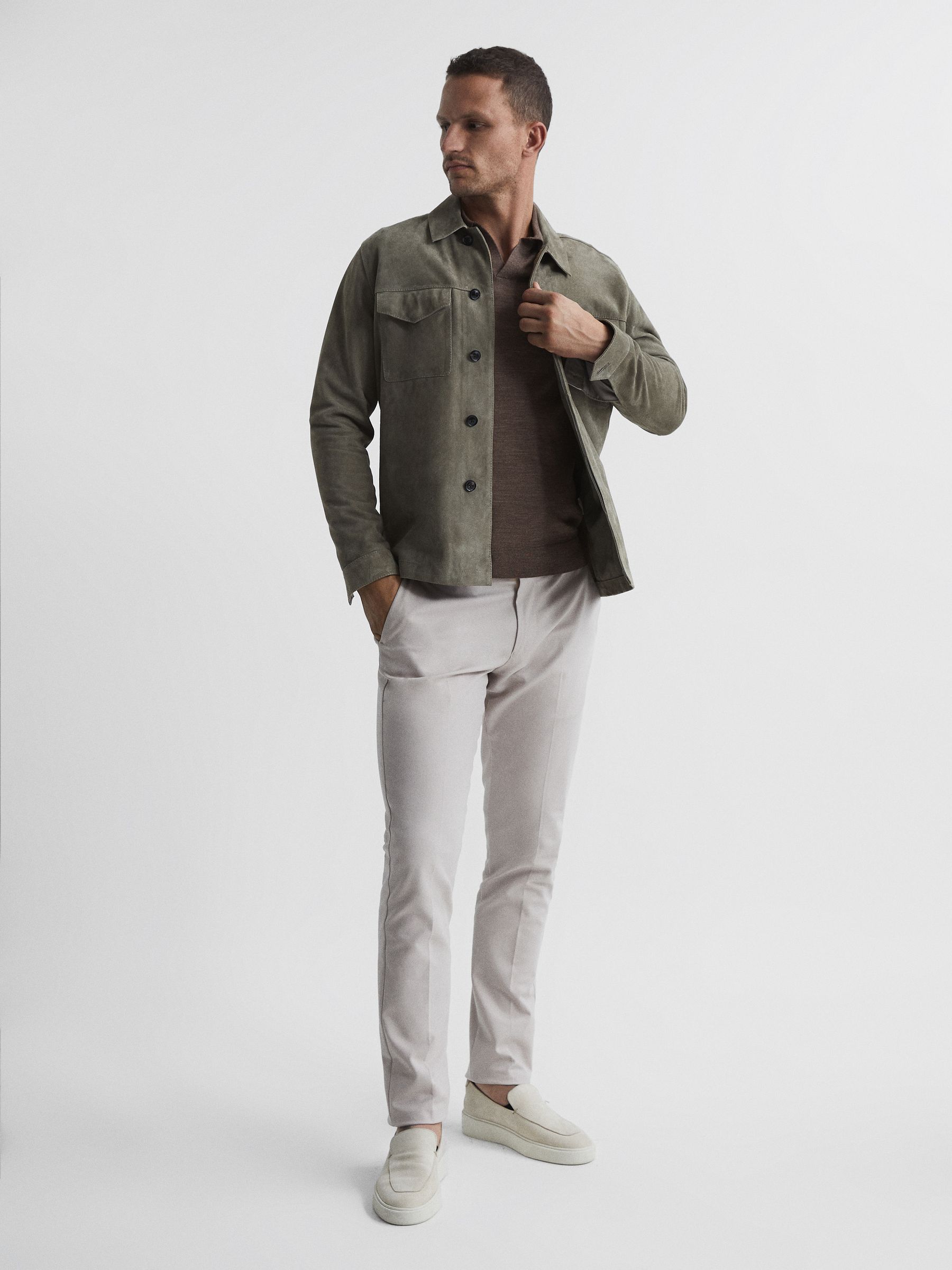 Merino Wool Open Collar Polo Shirt in Mouse Melange - Image 3 of 6