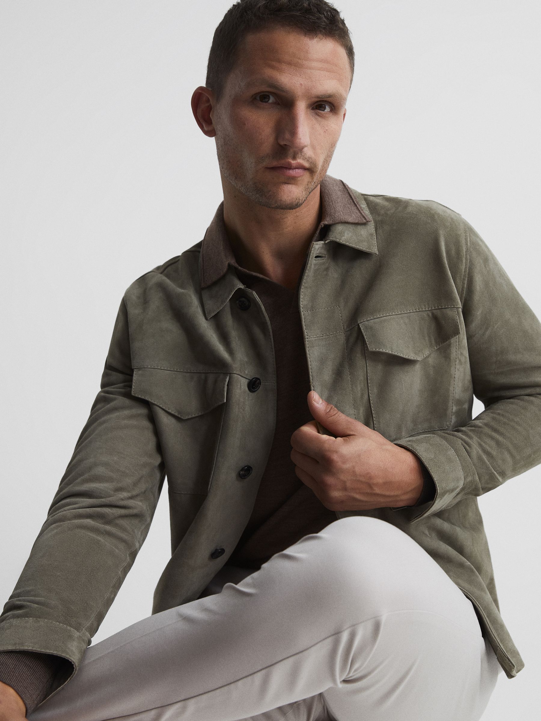 Merino Wool Open Collar Polo Shirt in Mouse Melange - Image 4 of 6