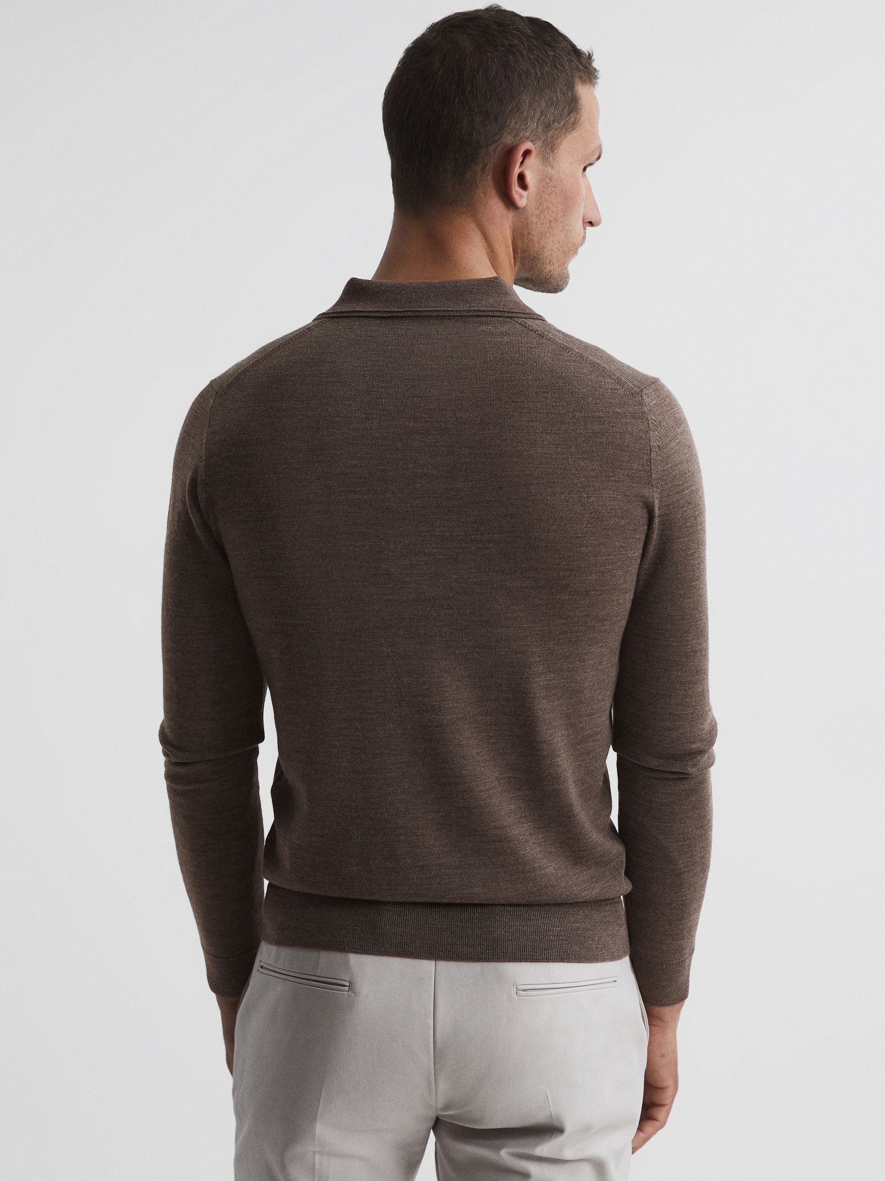 Merino Wool Open Collar Polo Shirt in Mouse Melange - Image 5 of 6