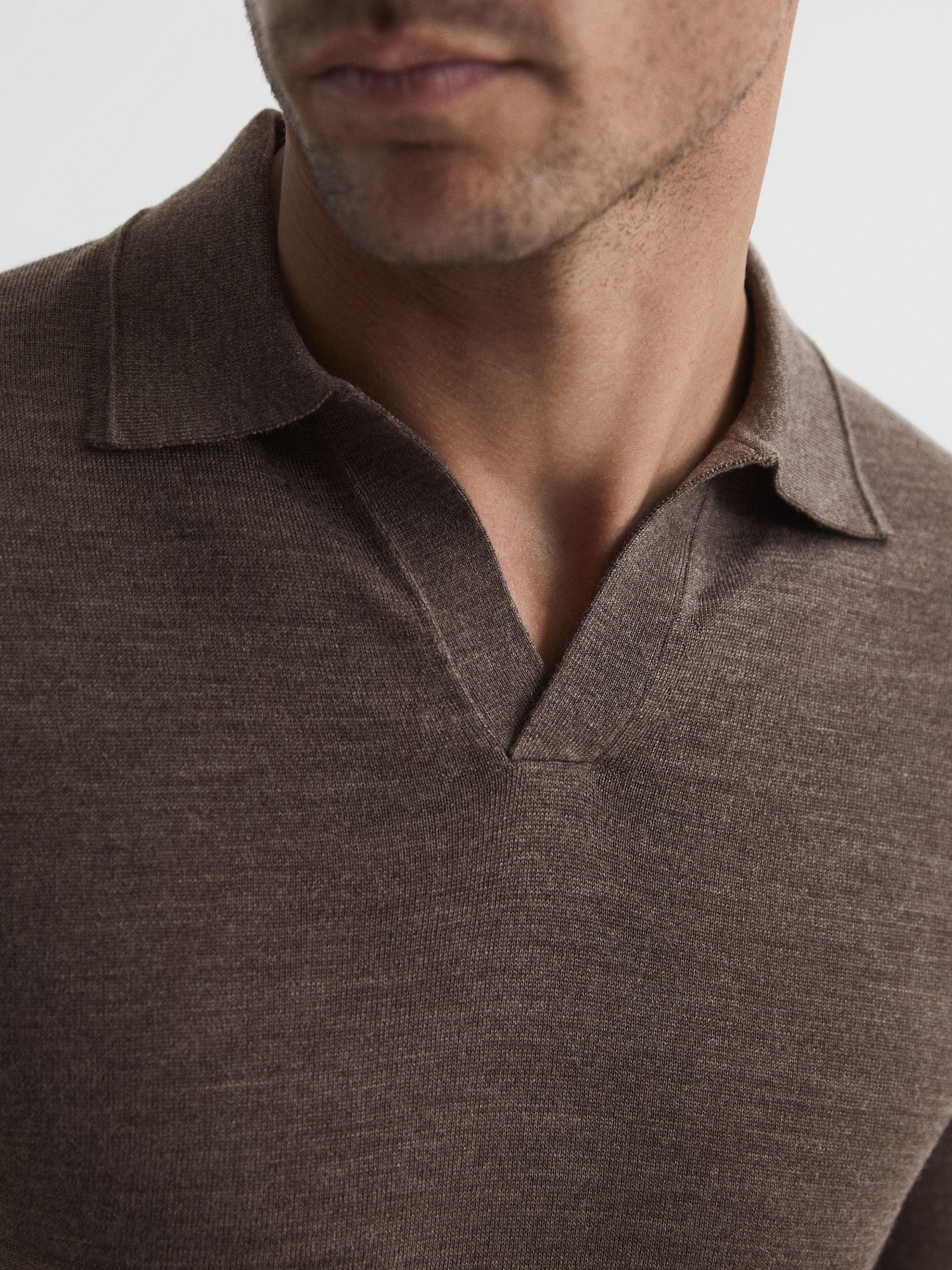 Merino Wool Open Collar Polo Shirt in Mouse Melange - Image 6 of 6