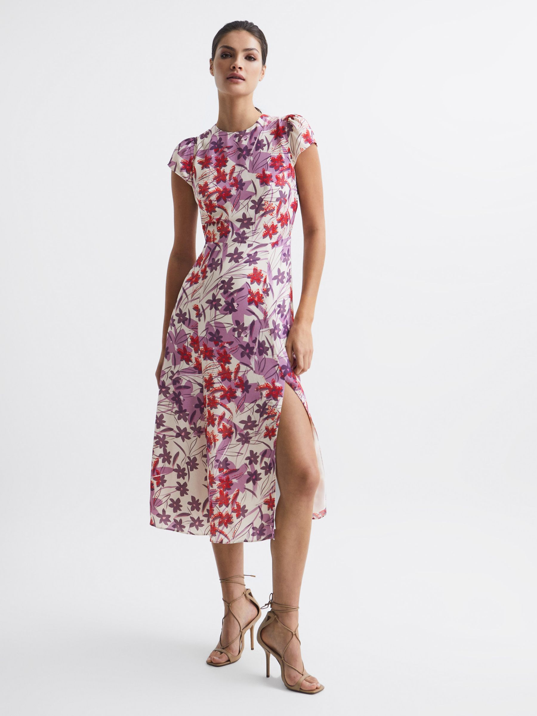 Printed Cut Out Back Midi Dress in Pink/Purple - Image 1 of 6