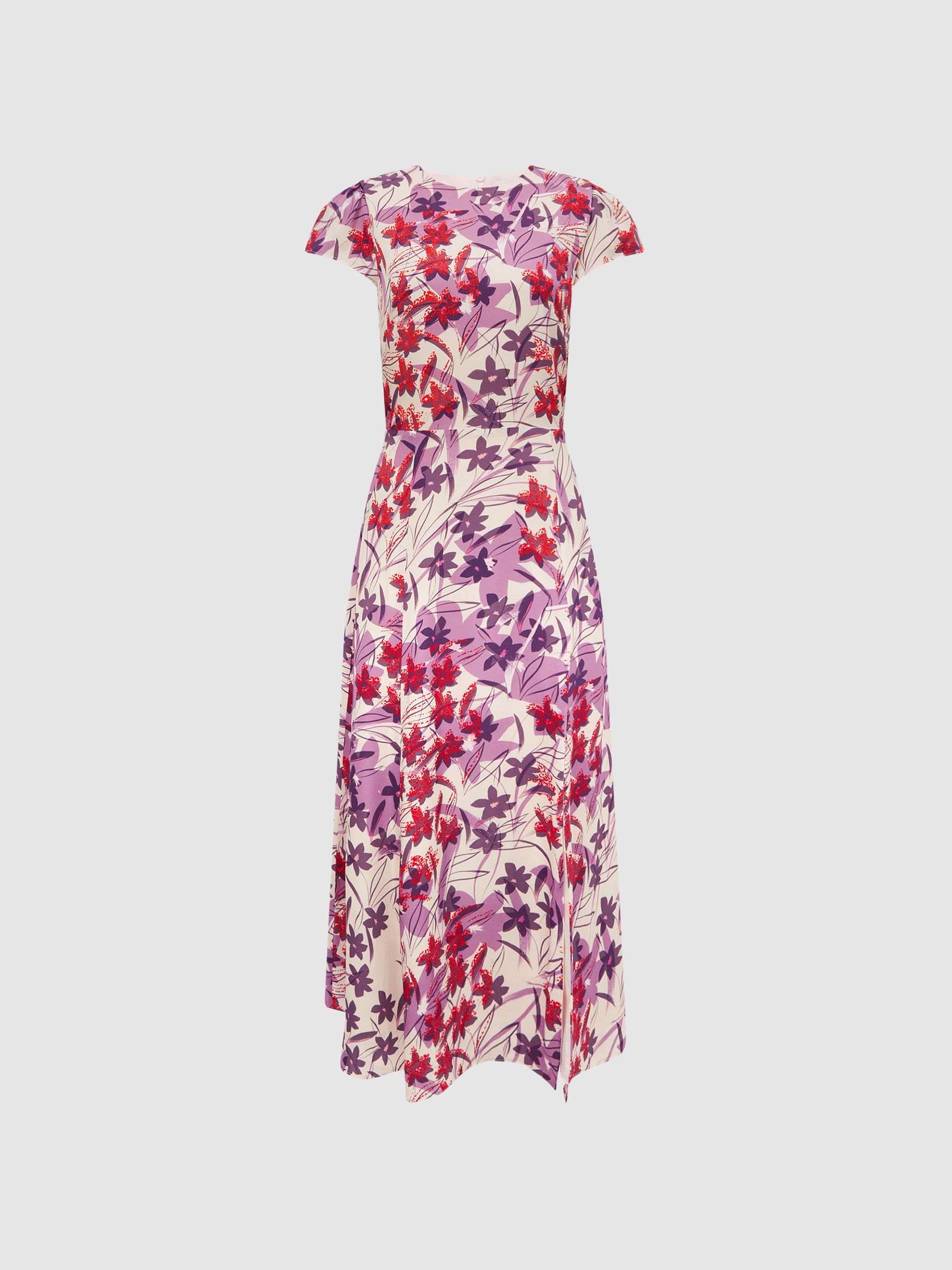 Printed Cut Out Back Midi Dress in Pink/Purple - Image 2 of 6