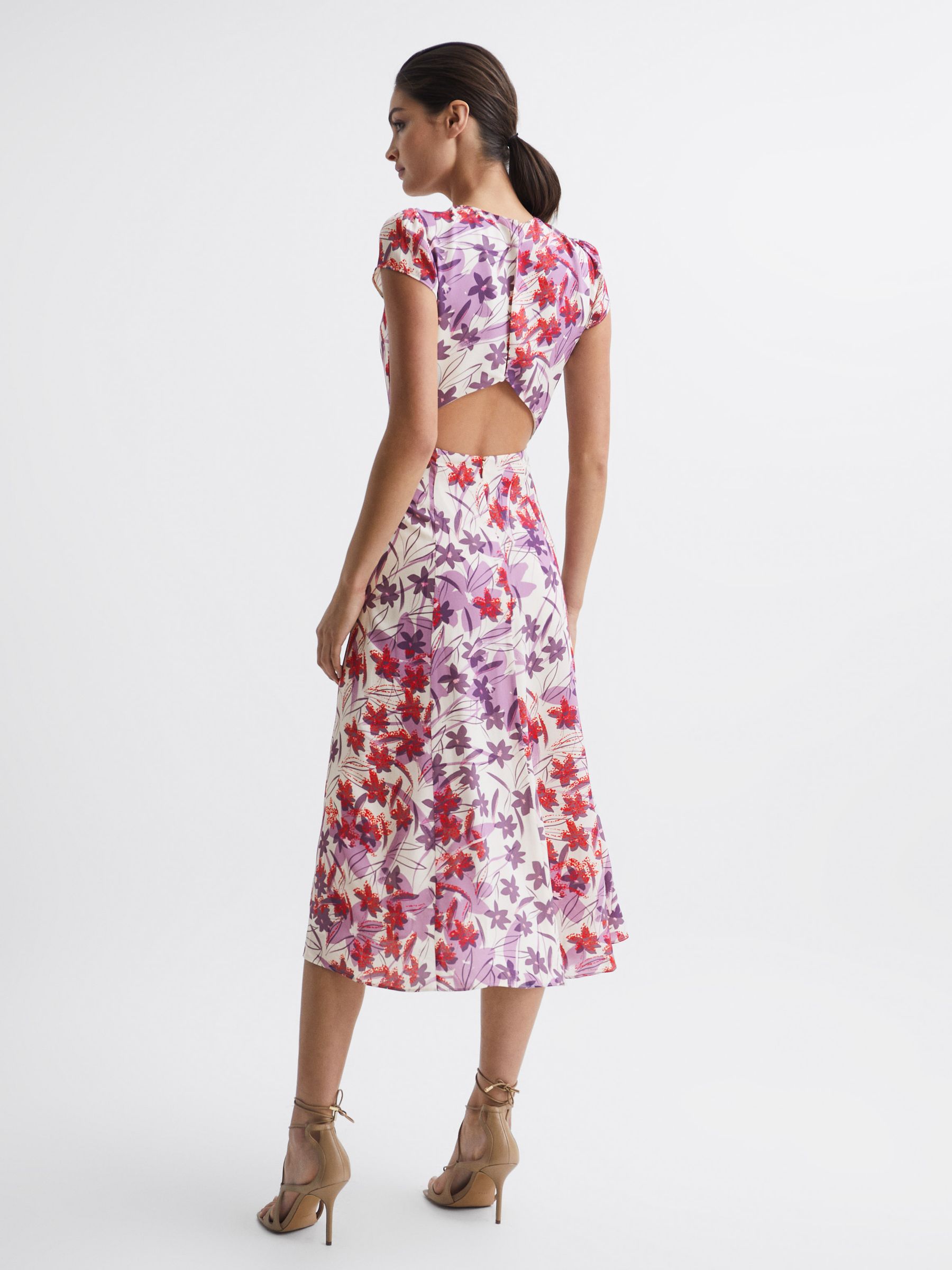 Printed Cut Out Back Midi Dress in Pink/Purple - Image 5 of 6