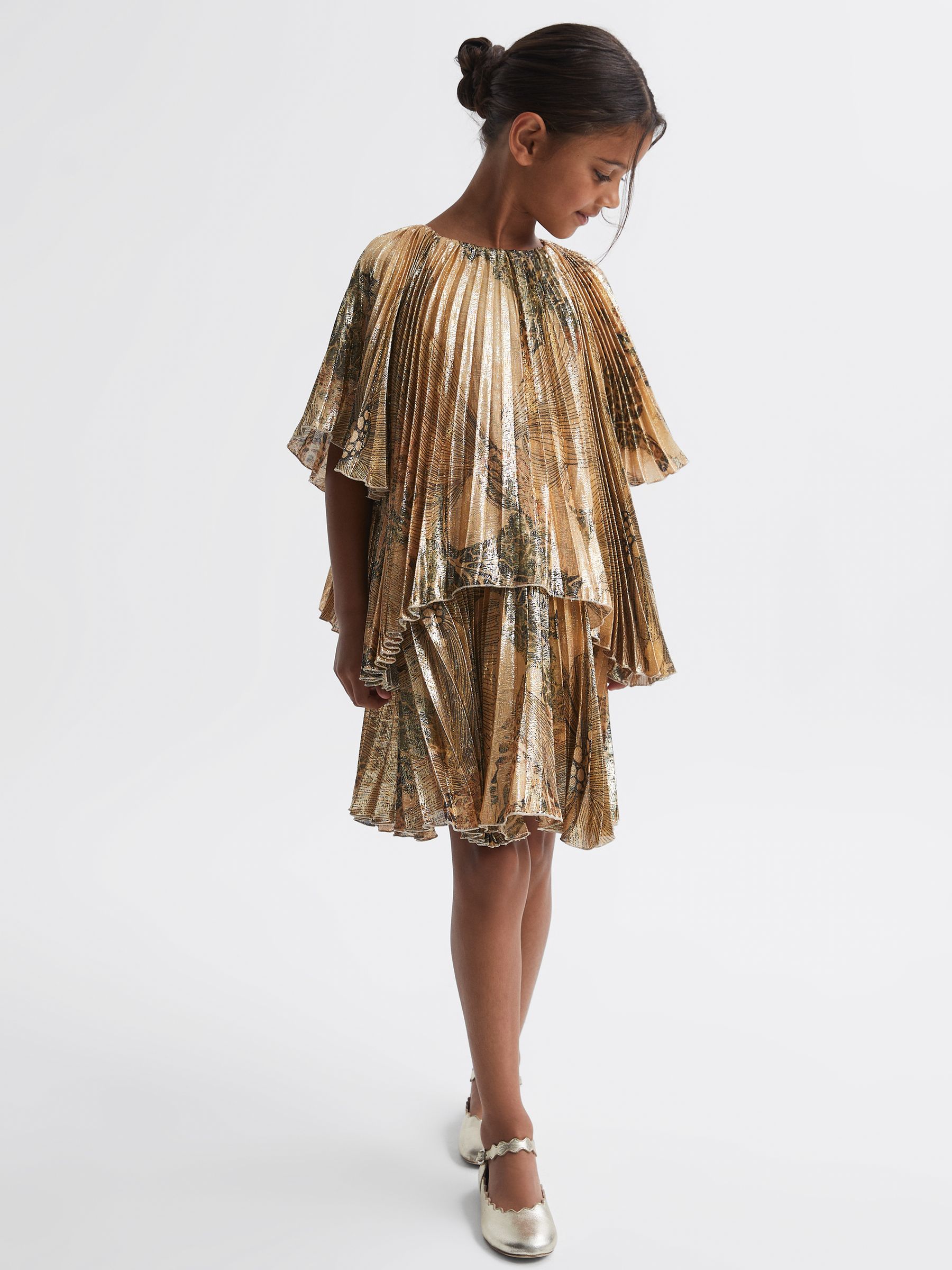 Metallic Pleated Tiered Dress in Gold - Image 1 of 6