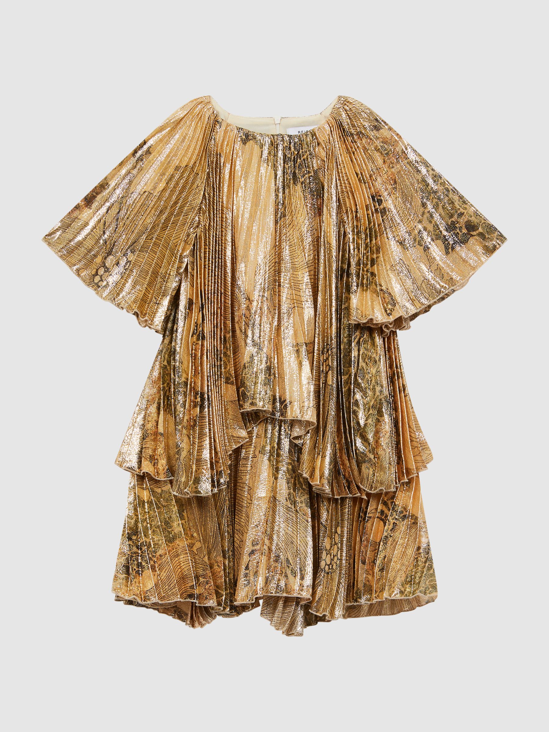 Metallic Pleated Tiered Dress in Gold - Image 2 of 6