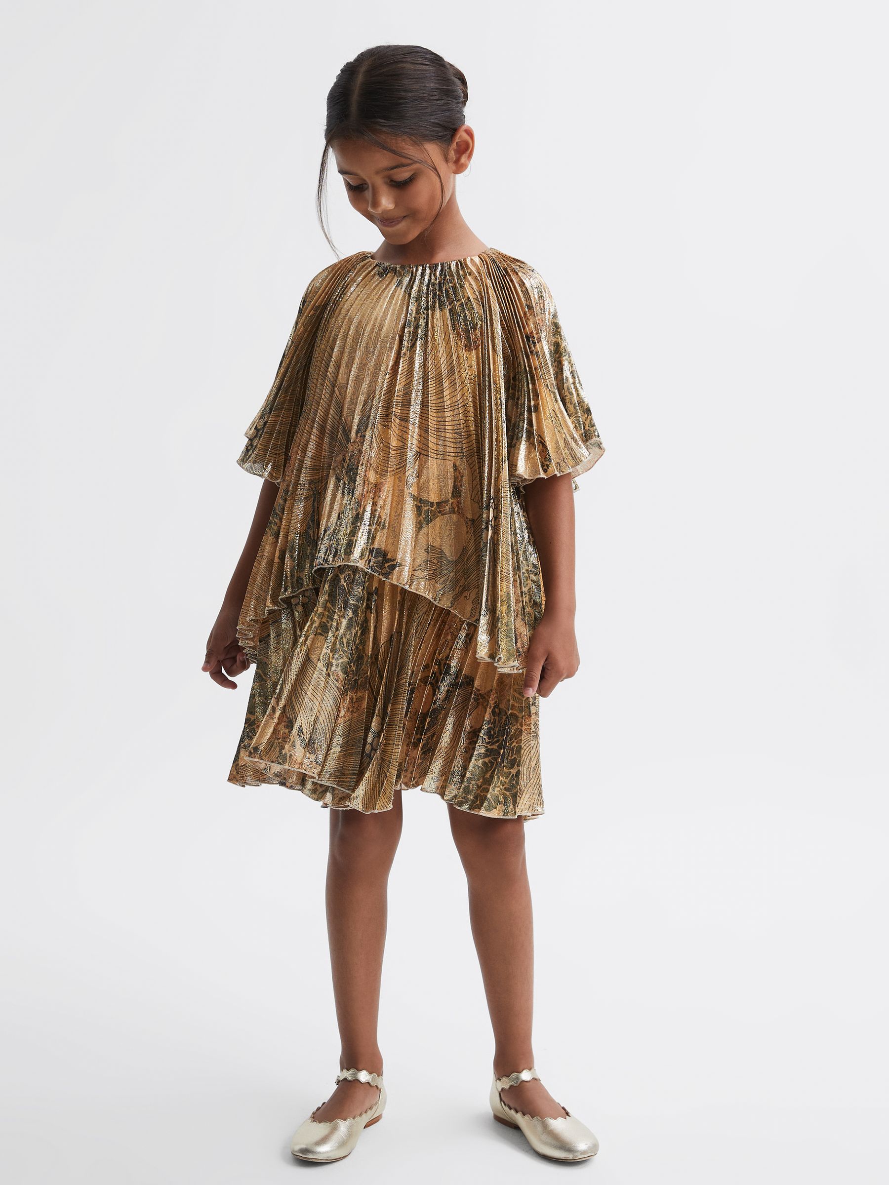 Metallic Pleated Tiered Dress in Gold - Image 3 of 6