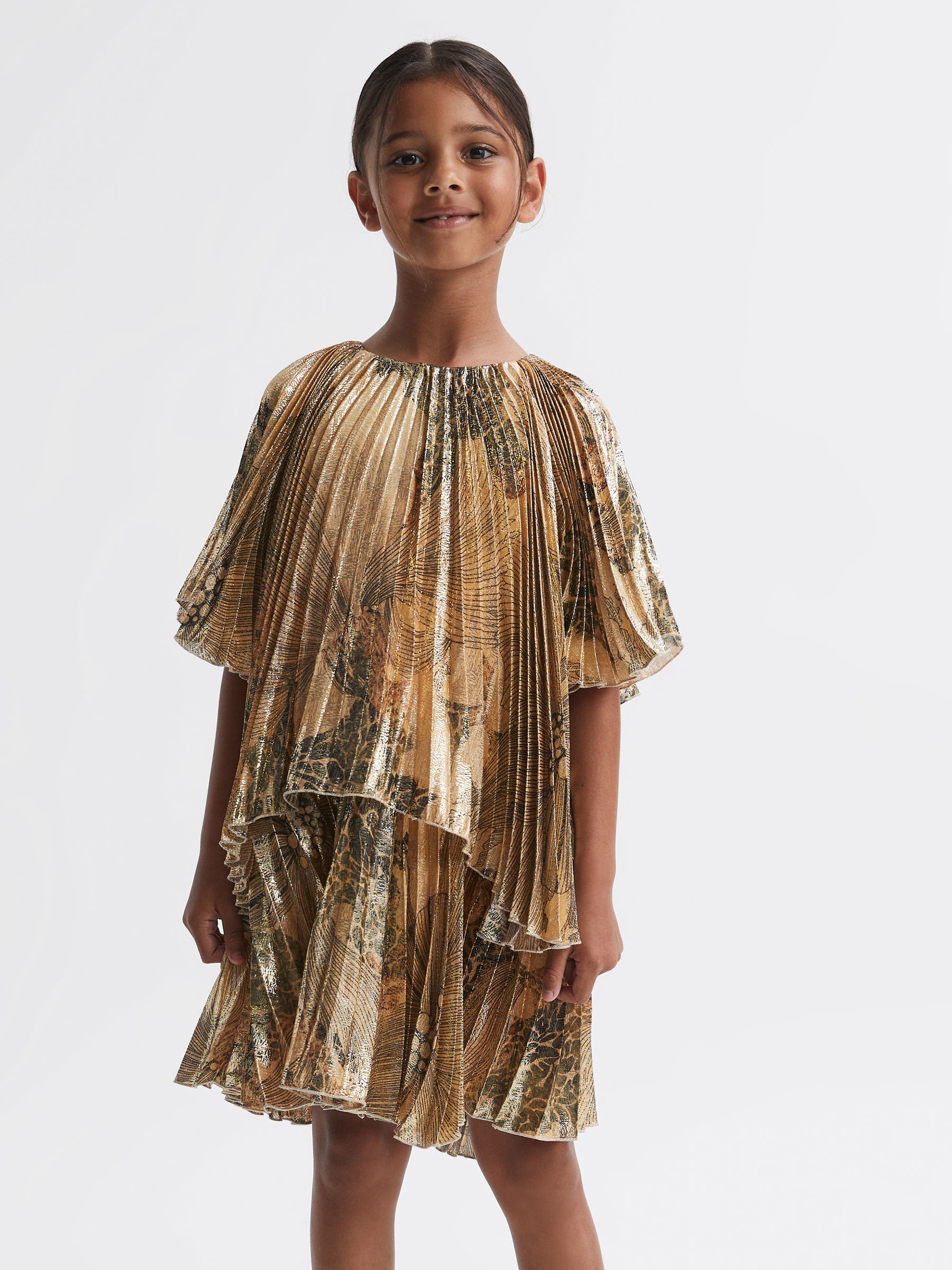 Metallic Pleated Tiered Dress in Gold - Image 4 of 6