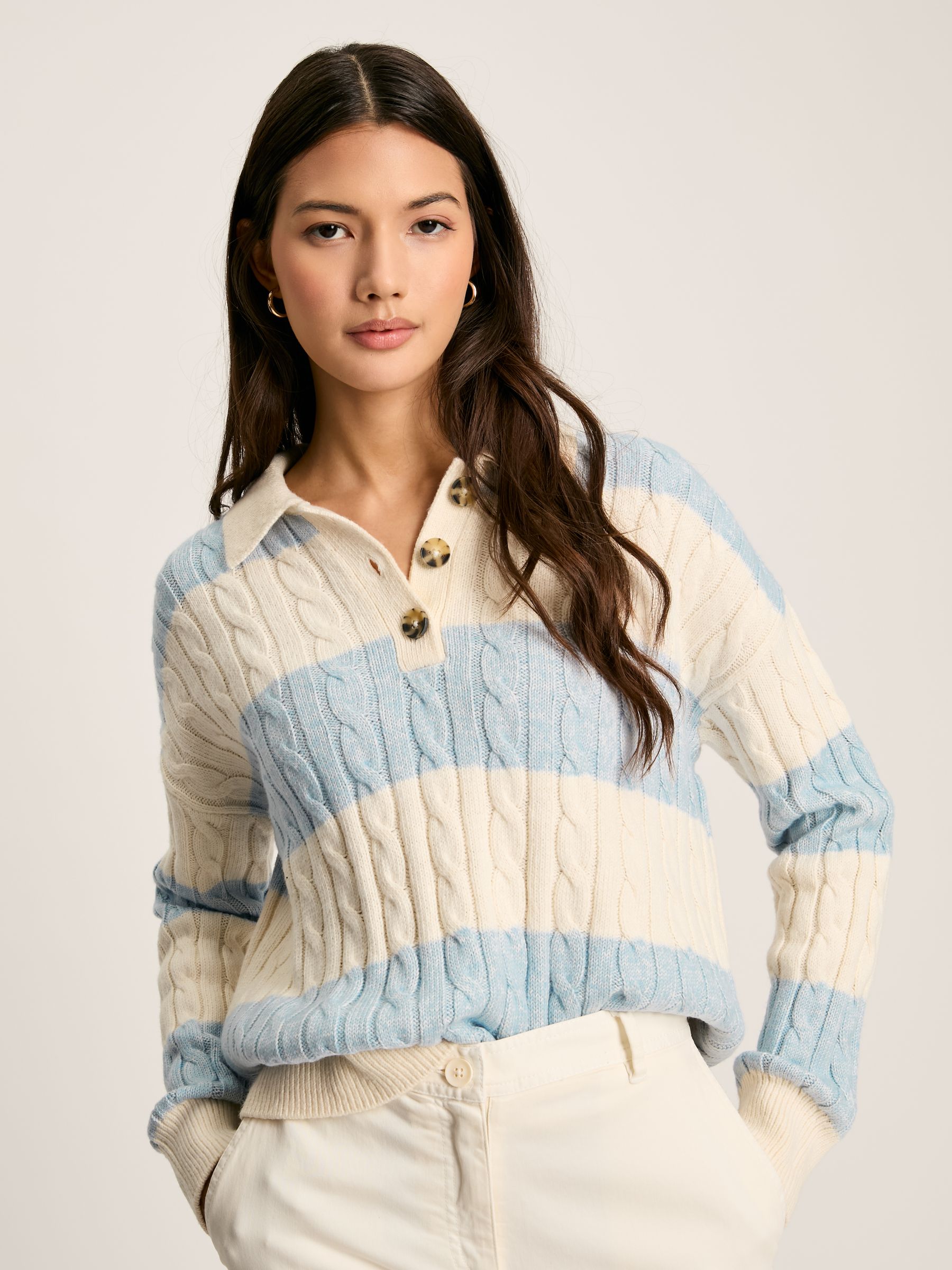 Love All Blue Cable Knit Jumper with Button Collar - Image 1 of 6