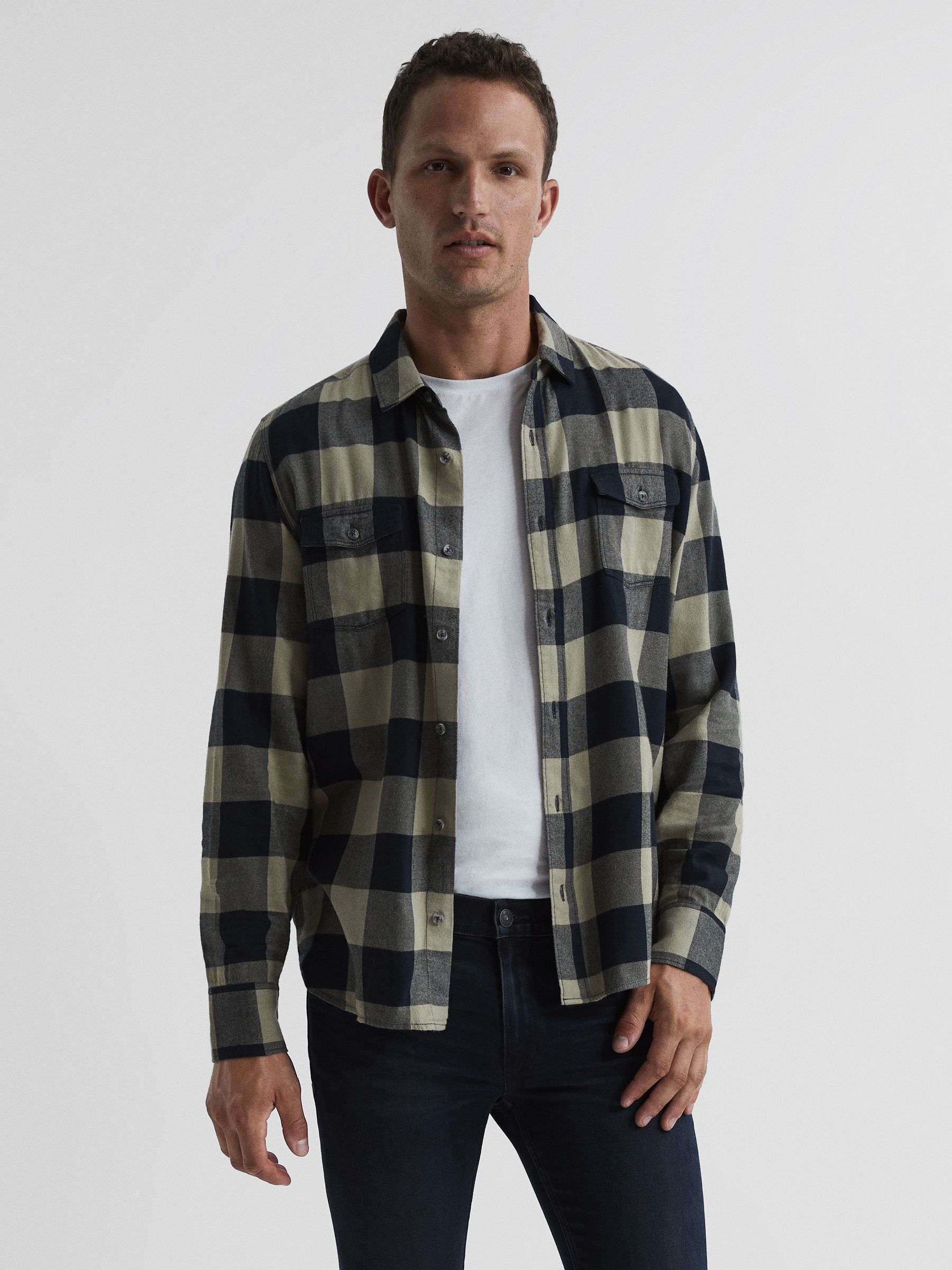 PAIGE Twin Pocket Checked Overshirt in Silver Ink - Image 1 of 6