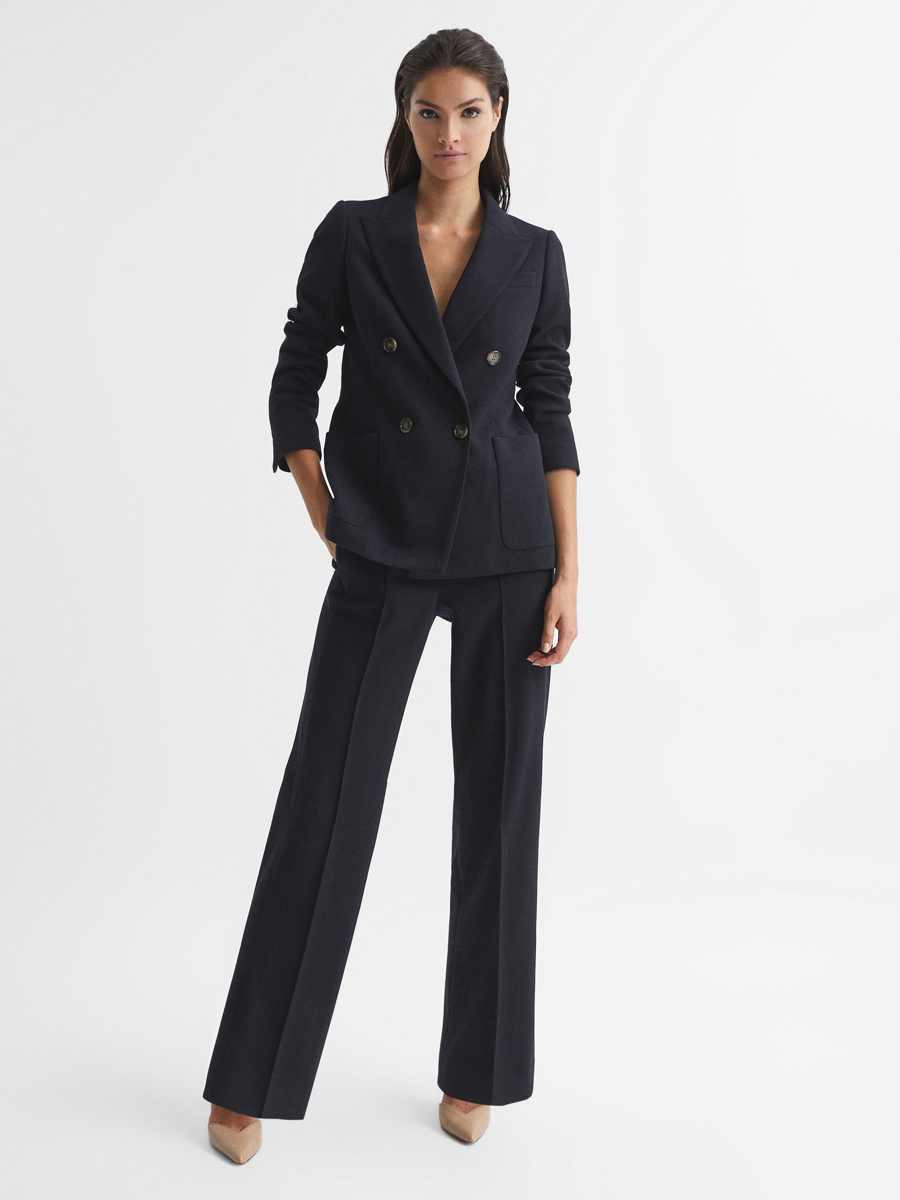 Wool Blend Wide Leg Trousers in Navy - Image 1 of 6
