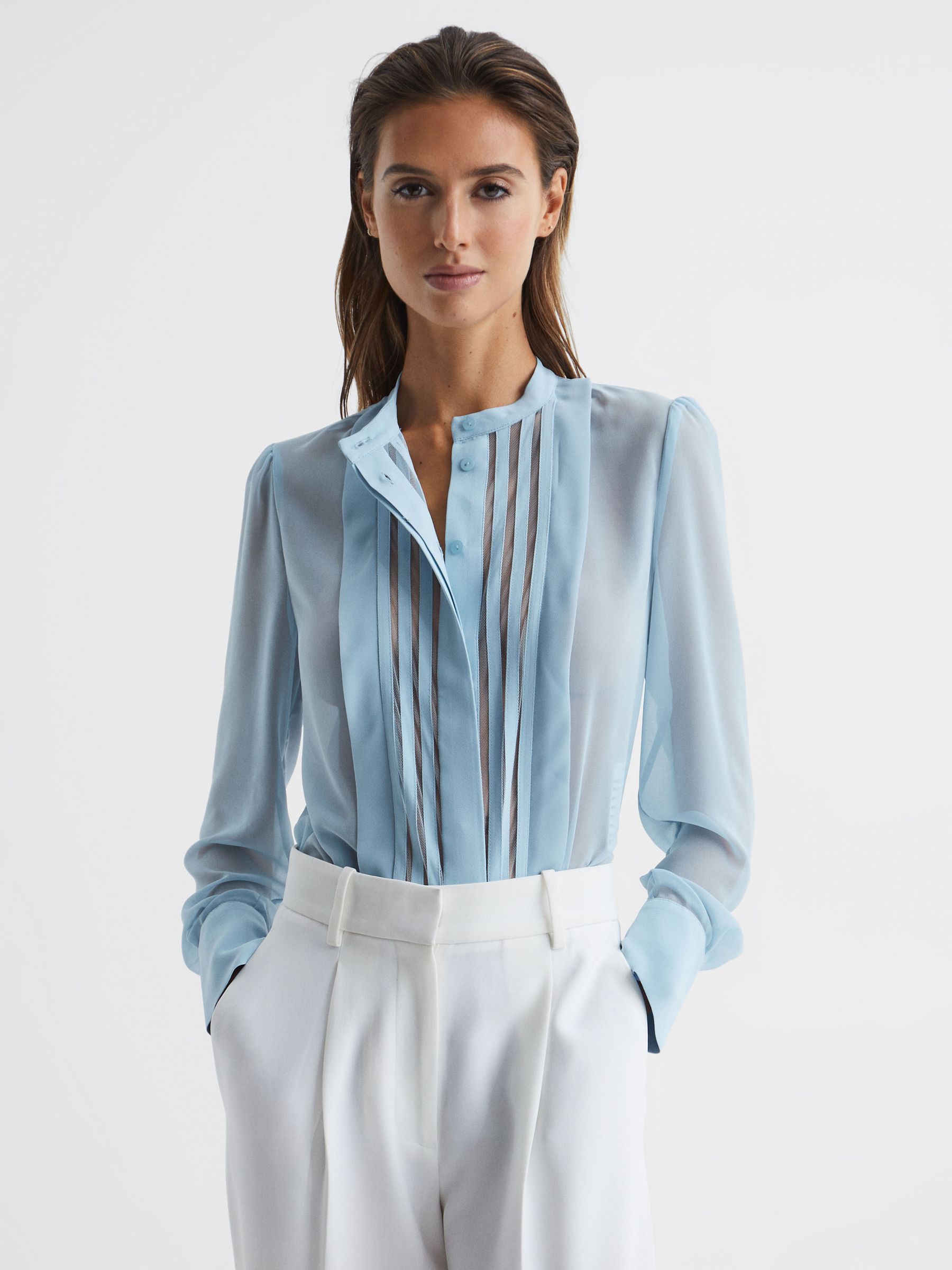 Sheer Striped Long Sleeve Blouse in Blue - Image 1 of 6