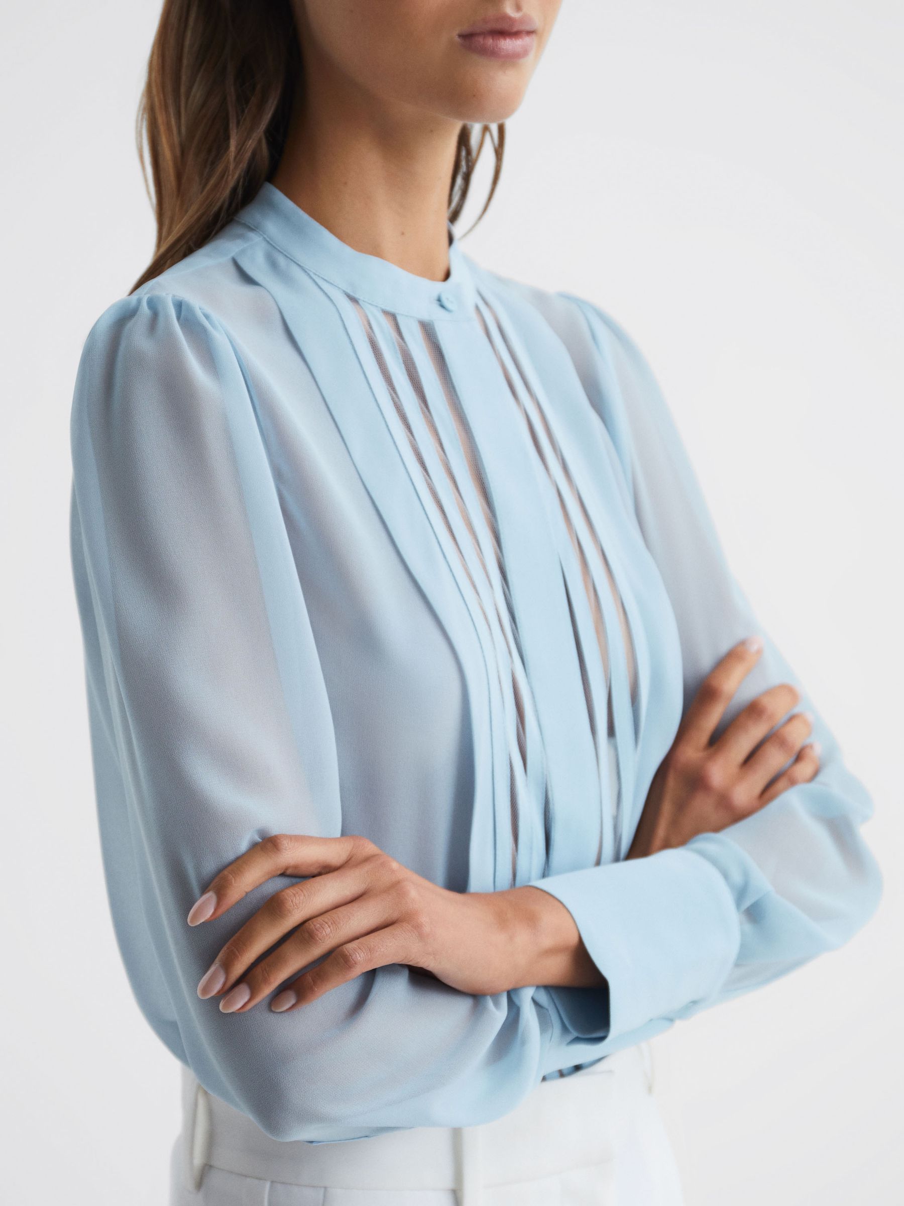Sheer Striped Long Sleeve Blouse in Blue - Image 4 of 6