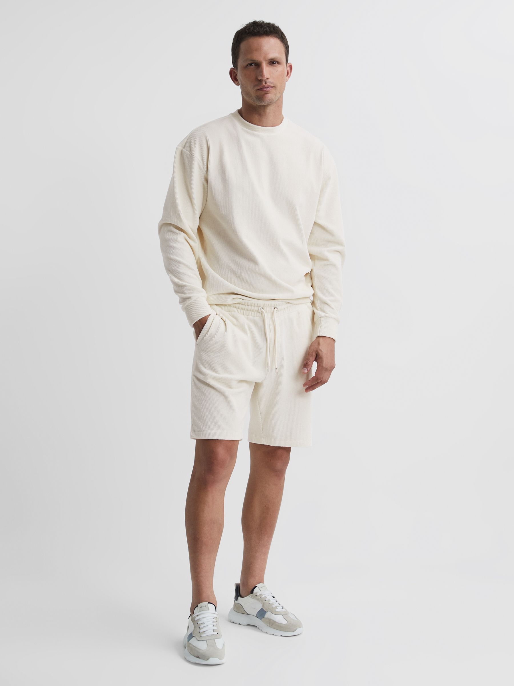 Jersey Cord Drawstring Waist Shorts in Off-White - Image 1 of 5