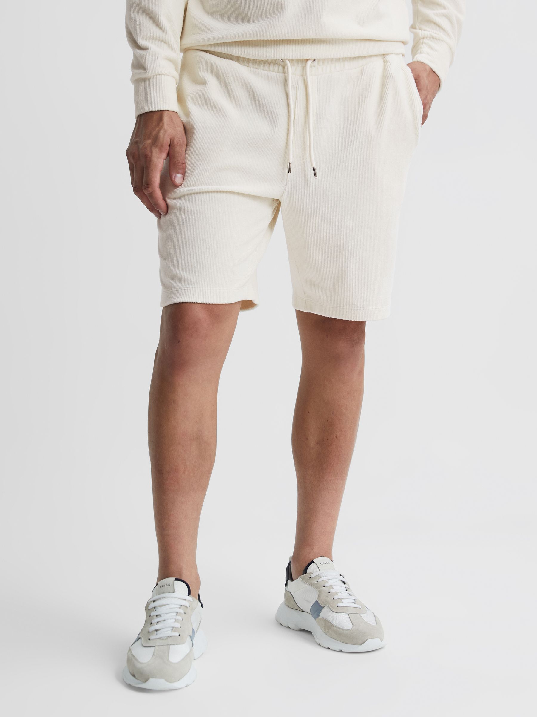 Jersey Cord Drawstring Waist Shorts in Off-White - Image 3 of 5
