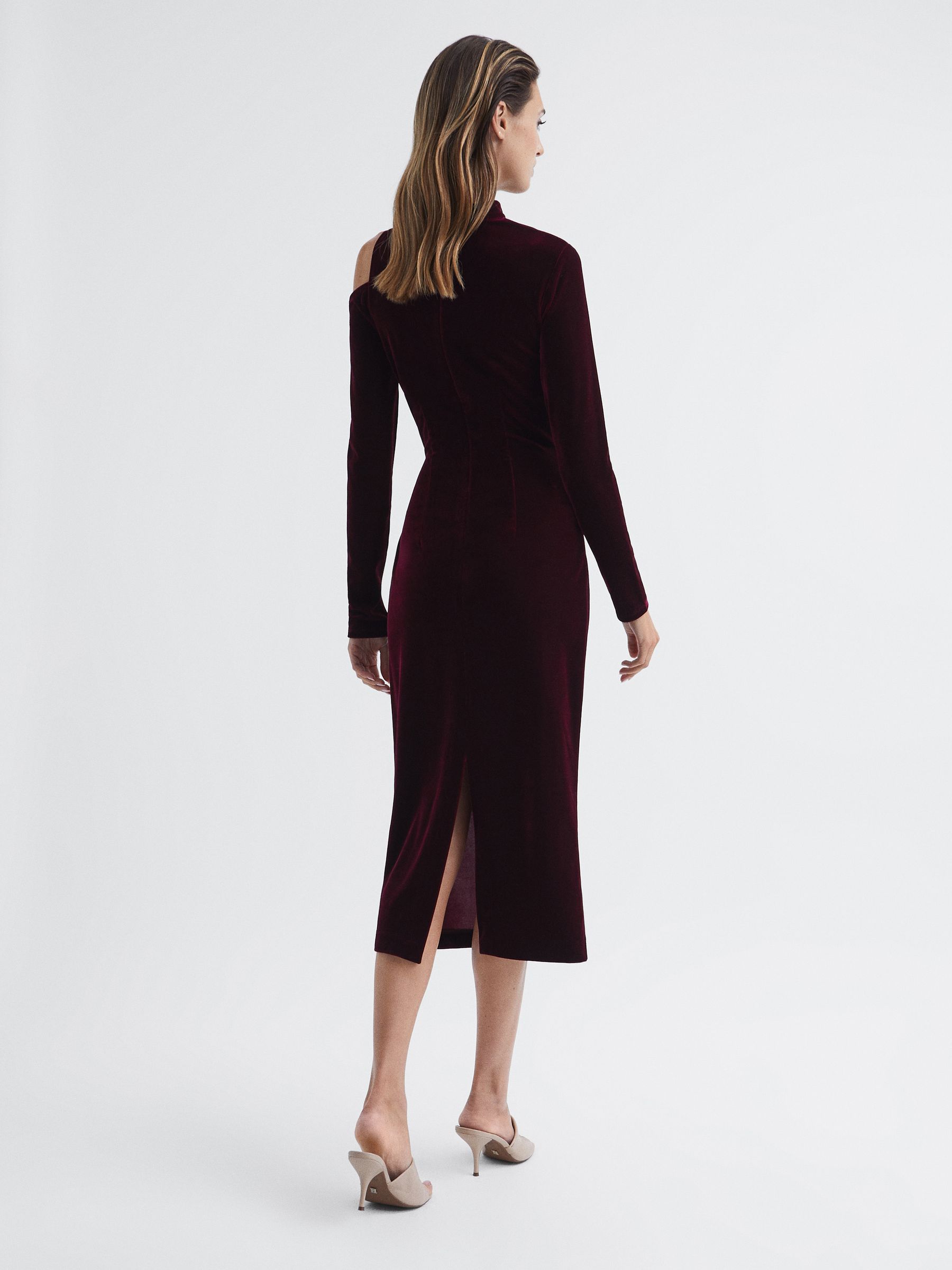 Petite Velvet Cut-Out Shoulder Dress in Burgundy - Image 5 of 7