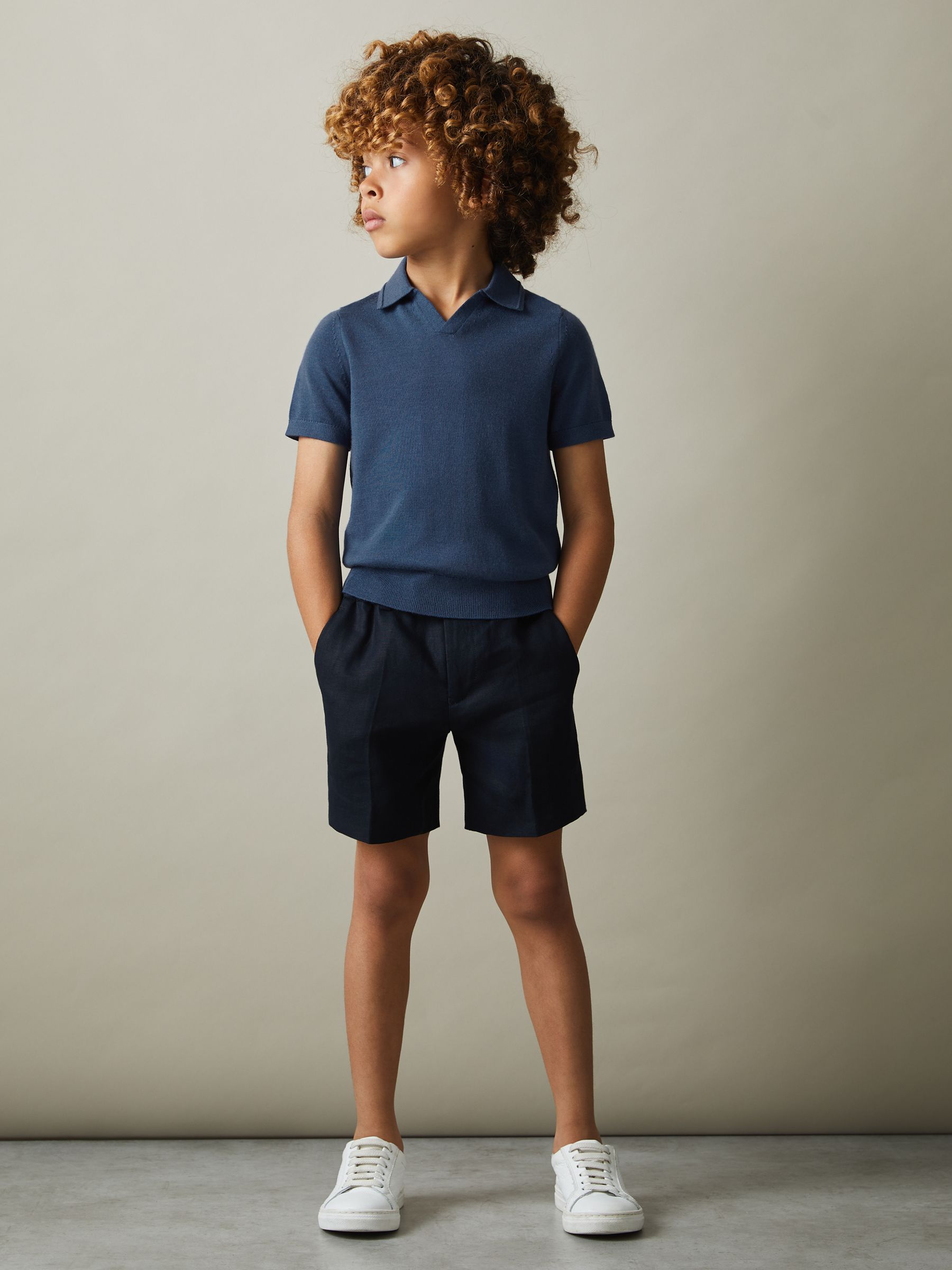 Merino Wool Open Collar Polo Shirt in Dove Blue - Image 1 of 7