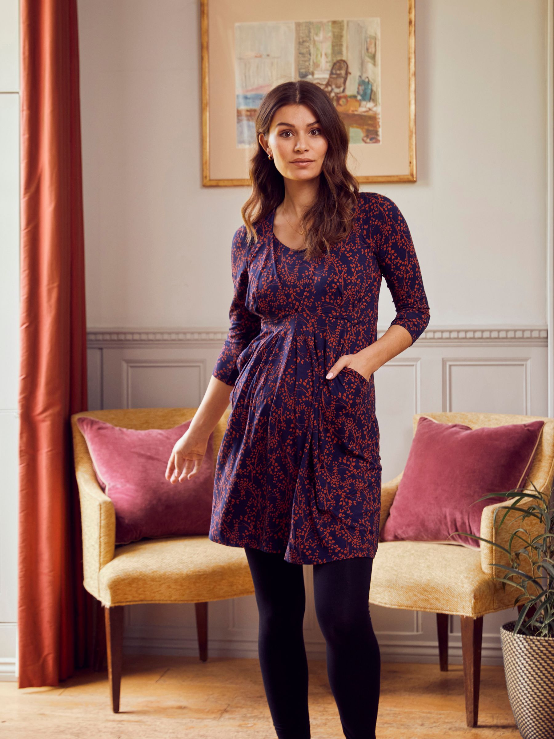 Navy Blue Print Jersey Pleated Maternity & Nursing Dress - Image 1 of 4