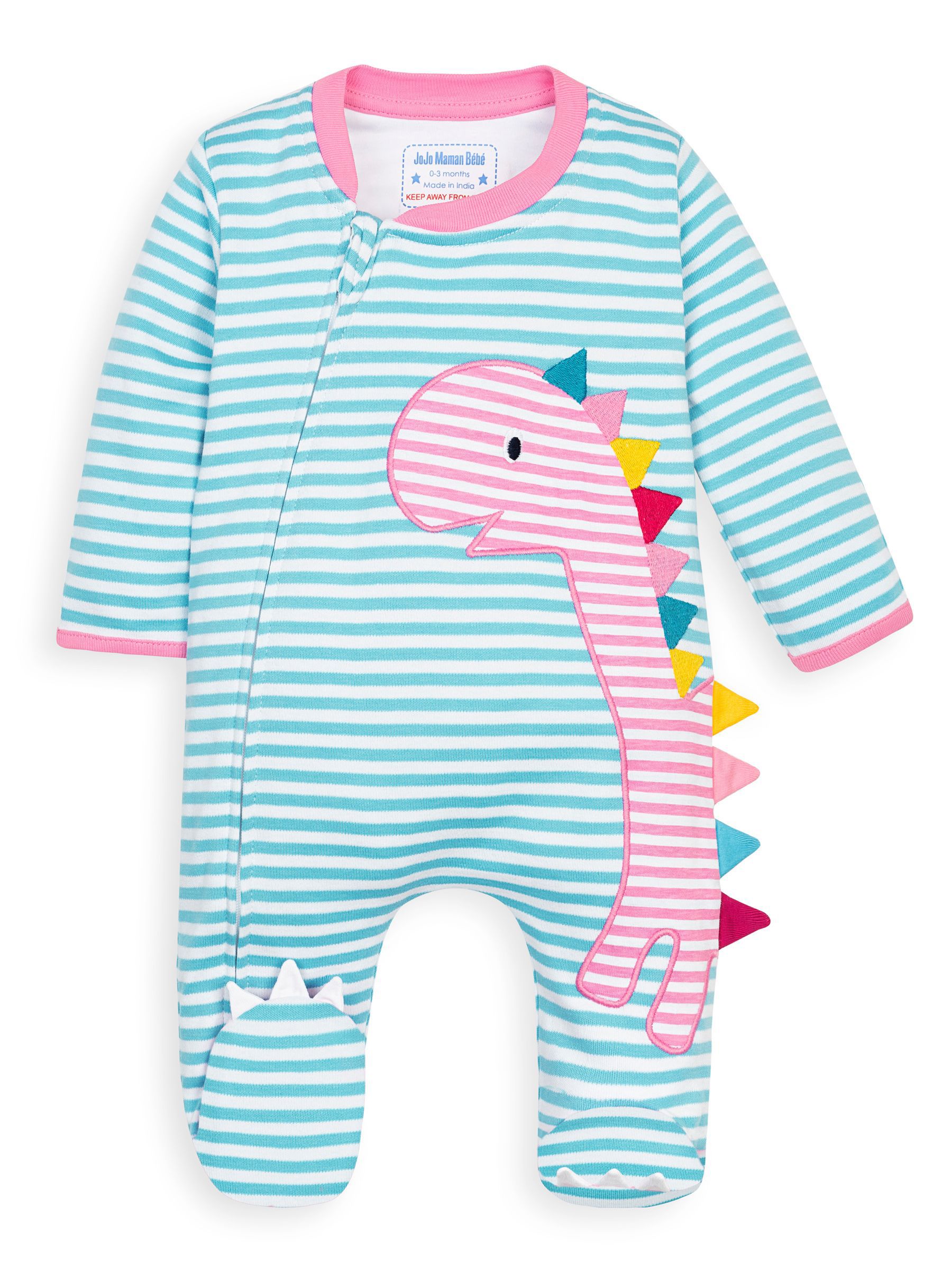 Pink Dinosaur Appliqué Zip Cotton Baby Sleepsuit - Image 2 of 4