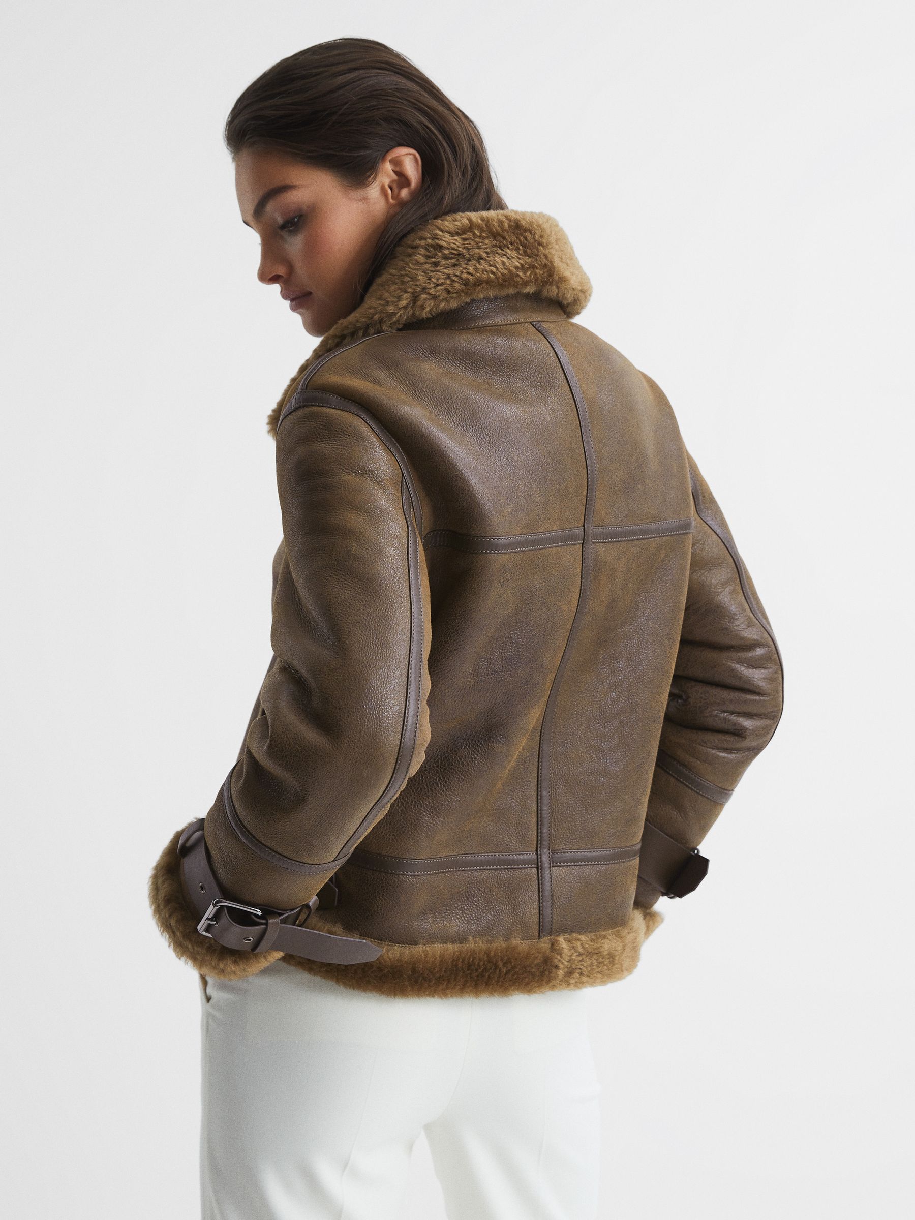 Aviator Leather Jacket in Brown - Image 5 of 9