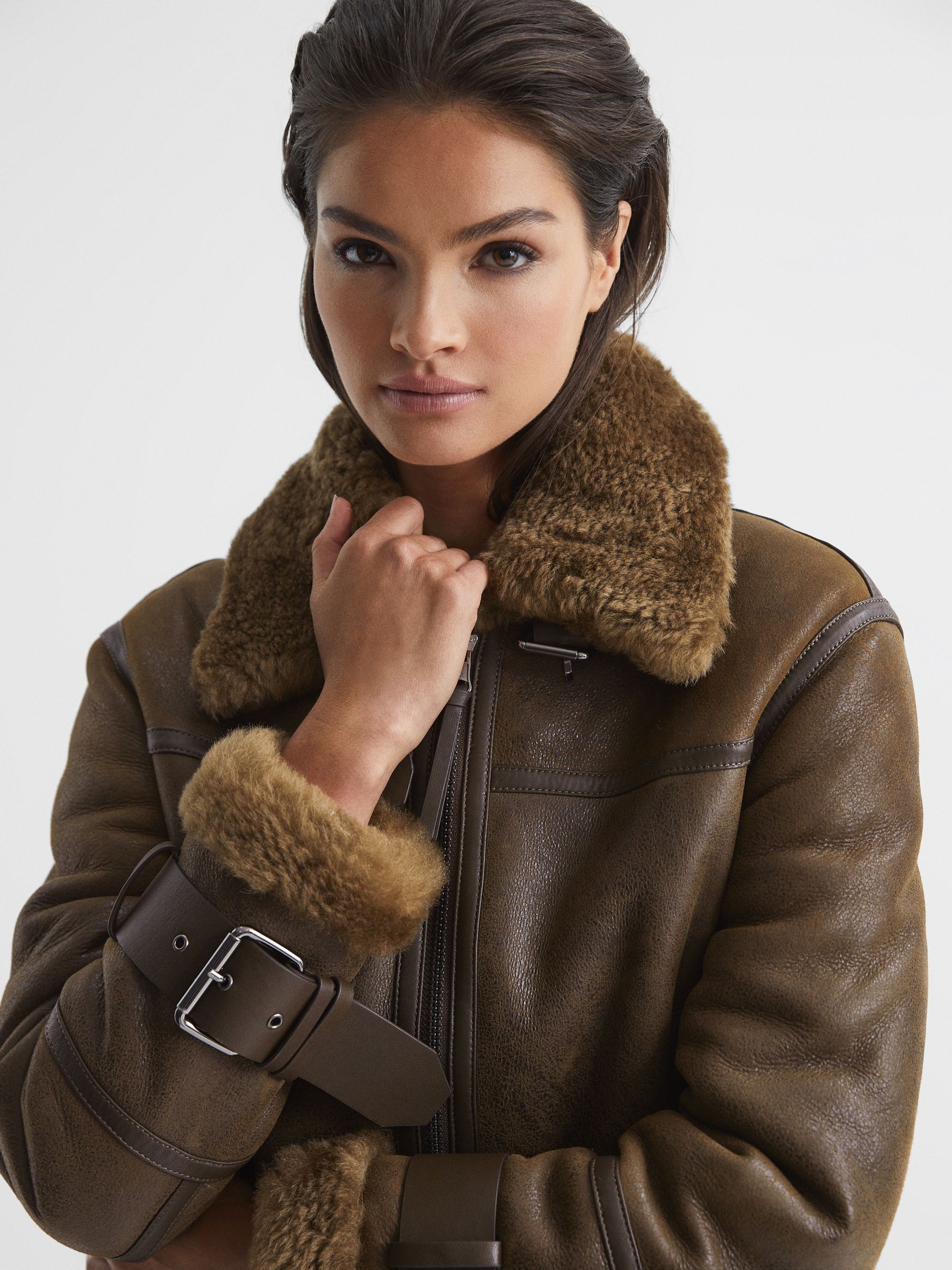 Aviator Leather Jacket in Brown - Image 7 of 9