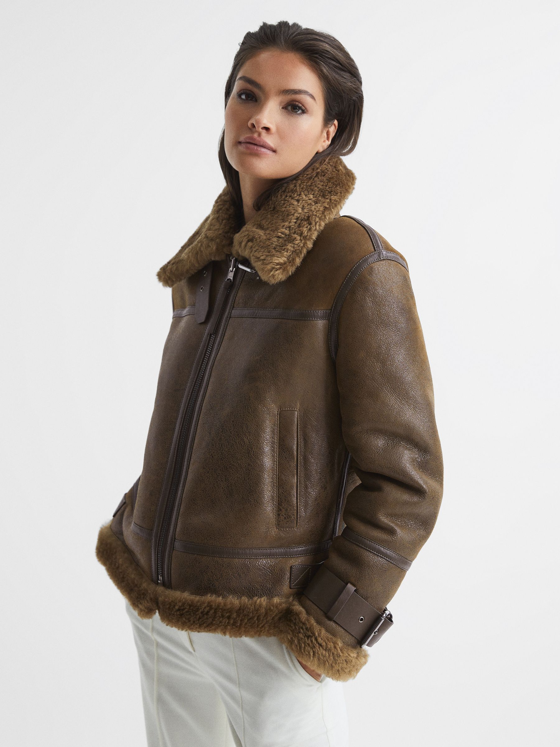 Aviator Leather Jacket in Brown - Image 8 of 9