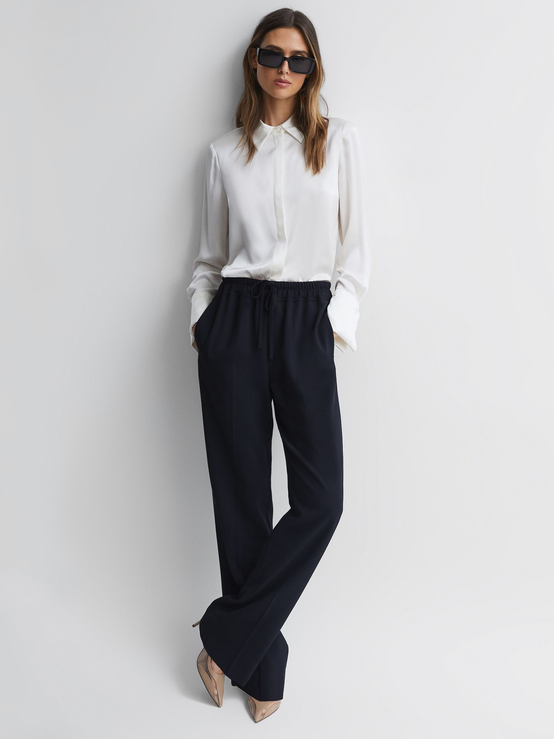 Wide Leg Pull On Trousers in Navy - Image 1 of 5