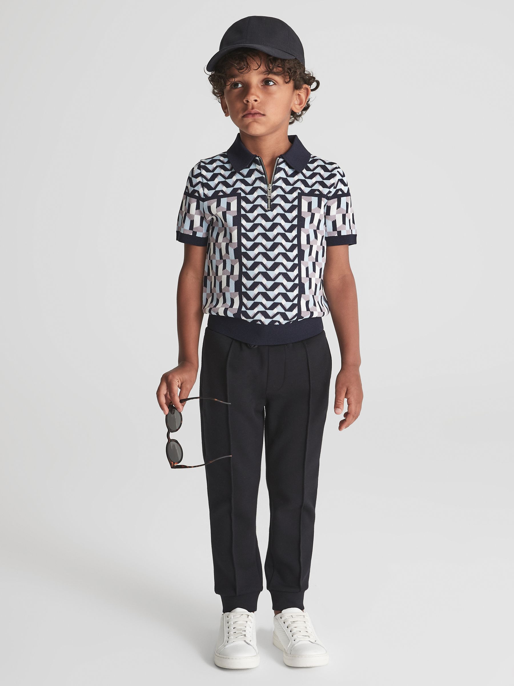 Senior Half Zip Geometric Polo T-Shirt in Blue - Image 1 of 7