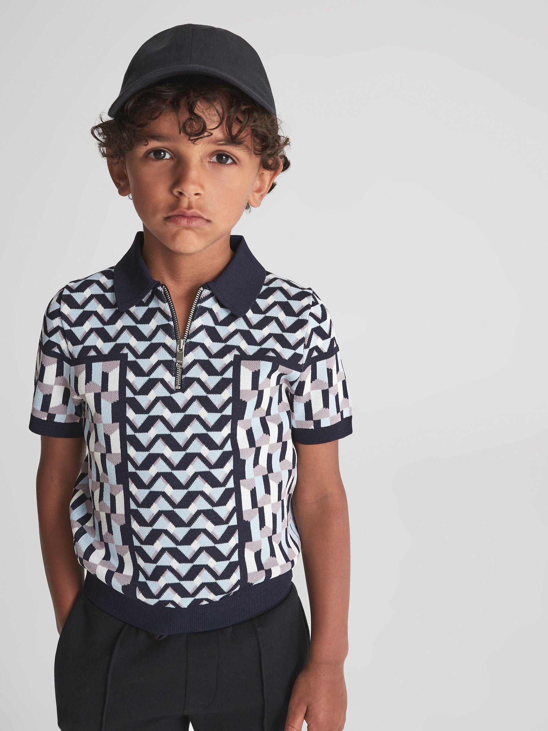 Senior Half Zip Geometric Polo T-Shirt in Blue - Image 4 of 7