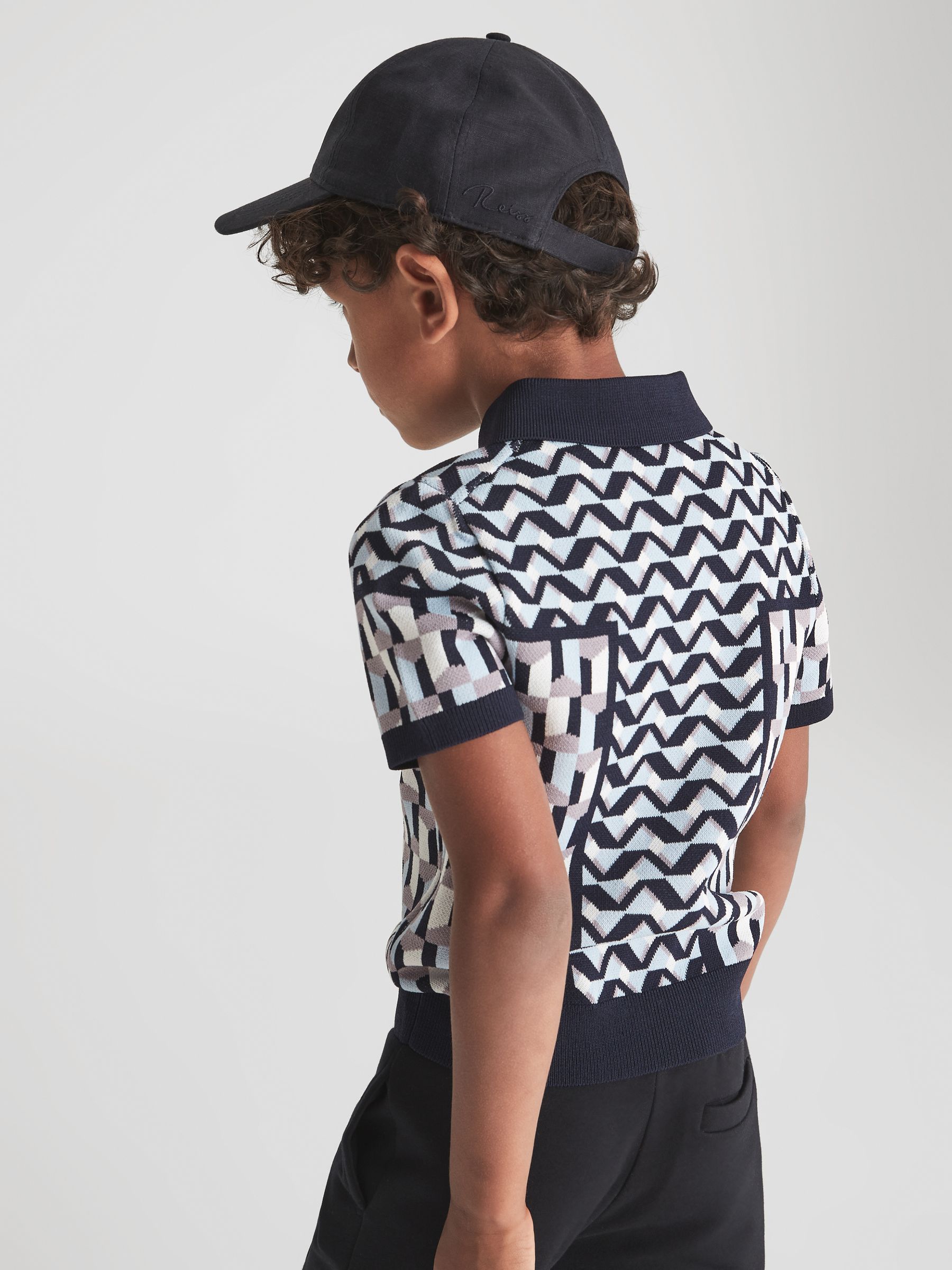 Senior Half Zip Geometric Polo T-Shirt in Blue - Image 5 of 7