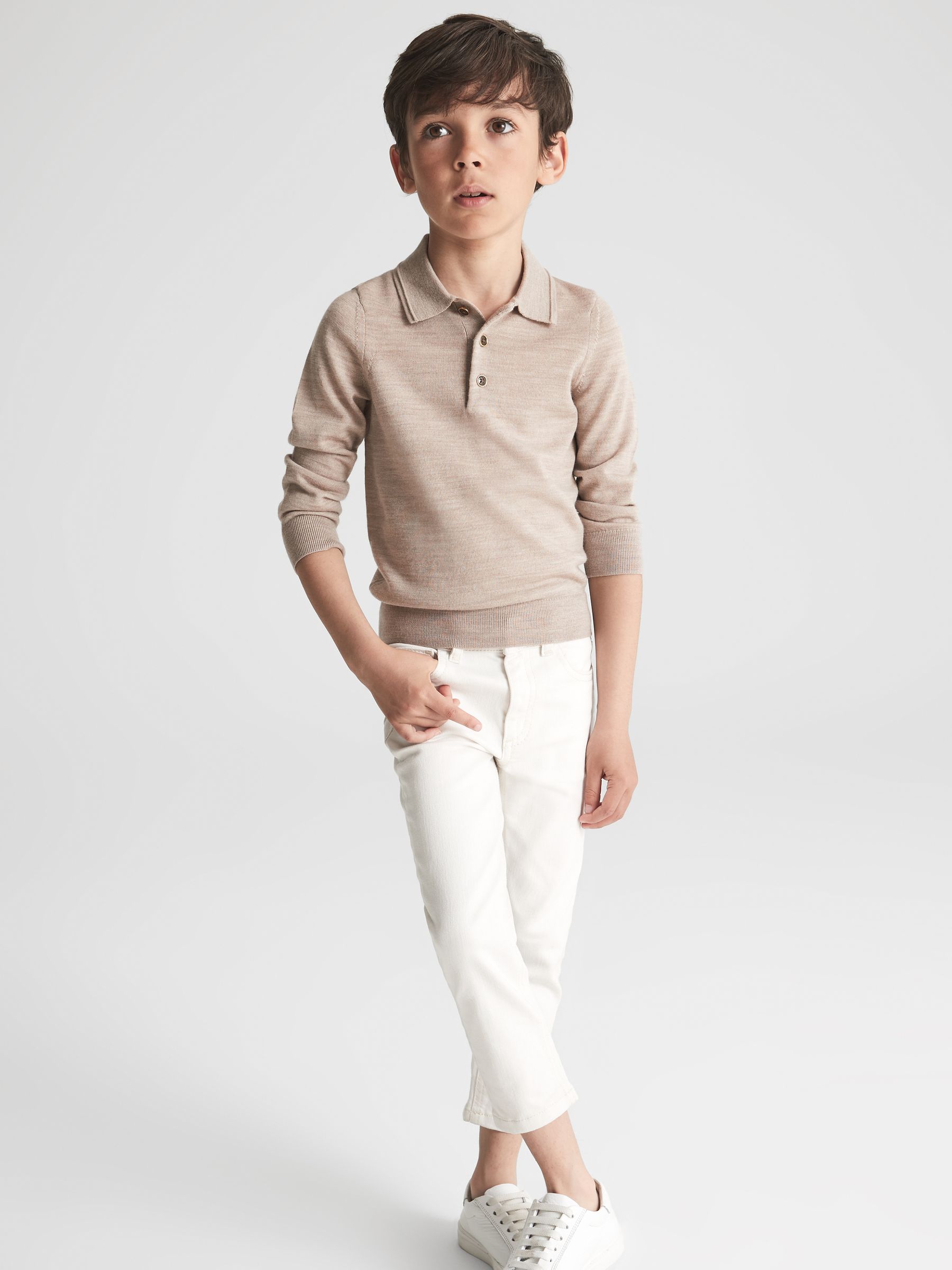 Junior Merino Wool Polo Shirt in Wheat Melange - Image 3 of 6