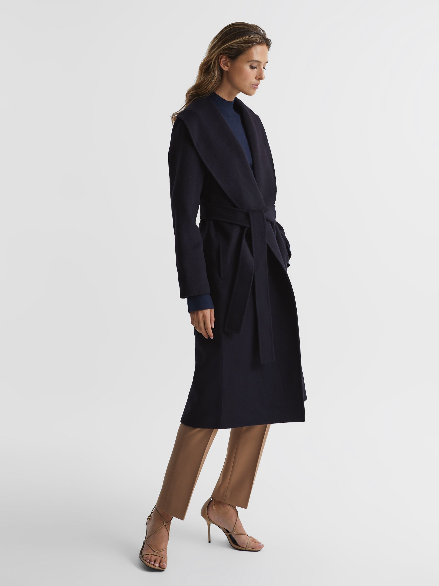 Shawl Collar Blindseam Long Coat in Navy - Image 1 of 5