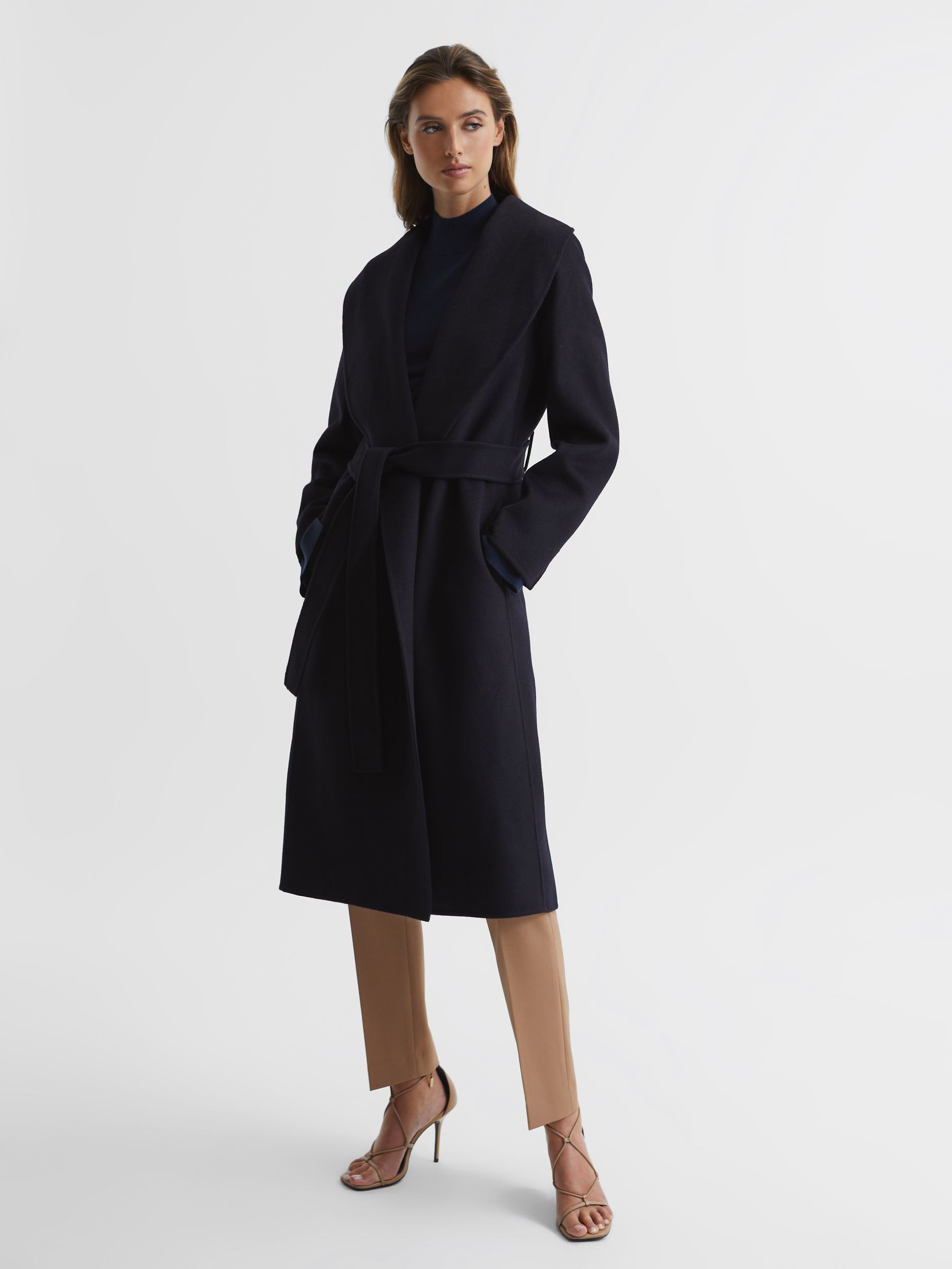 Reiss Shawl Collar Blindseam Long Coat in Navy | REISS